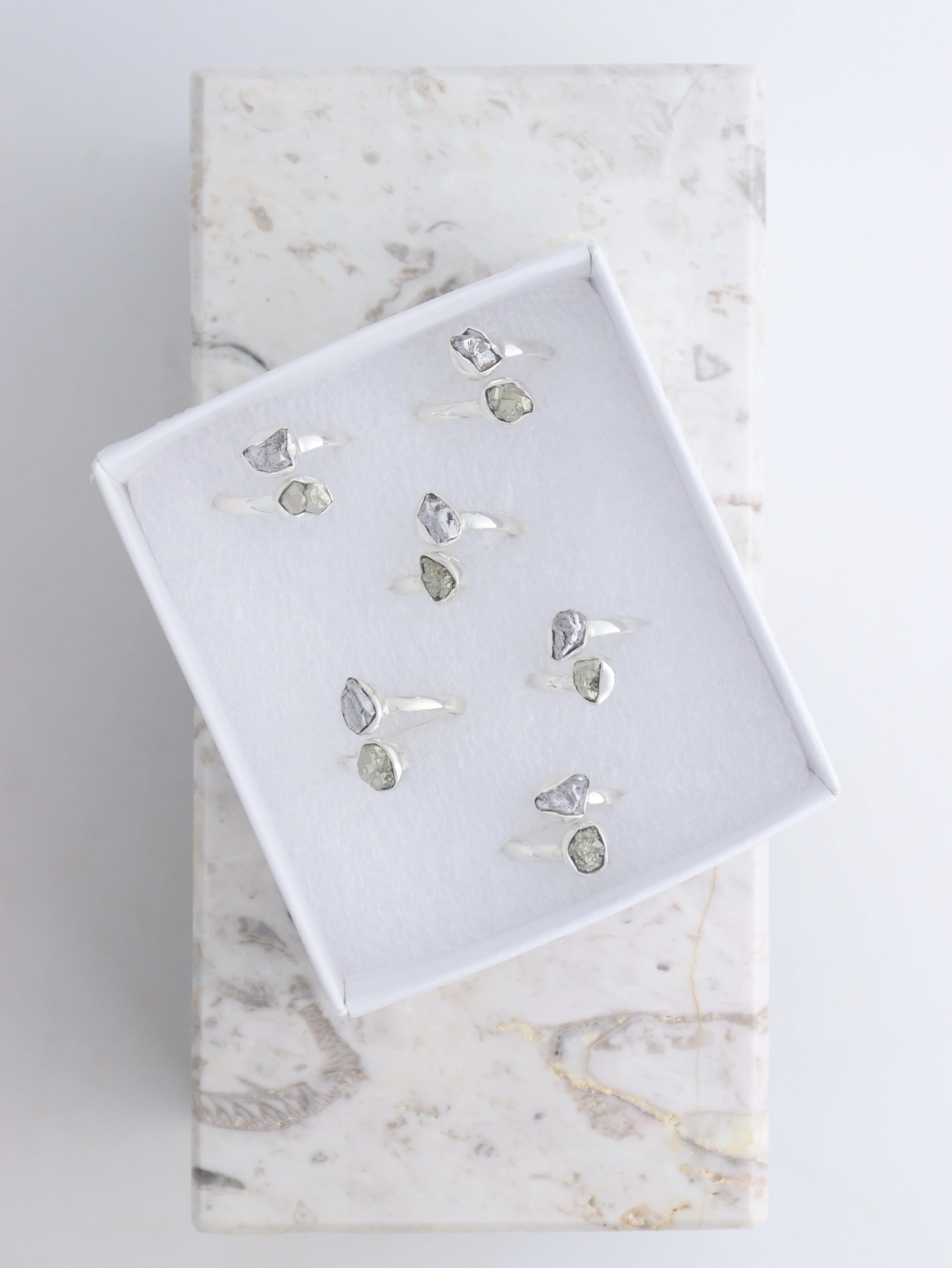 Meteorite and Pyrite Adjustable Rings box of 6