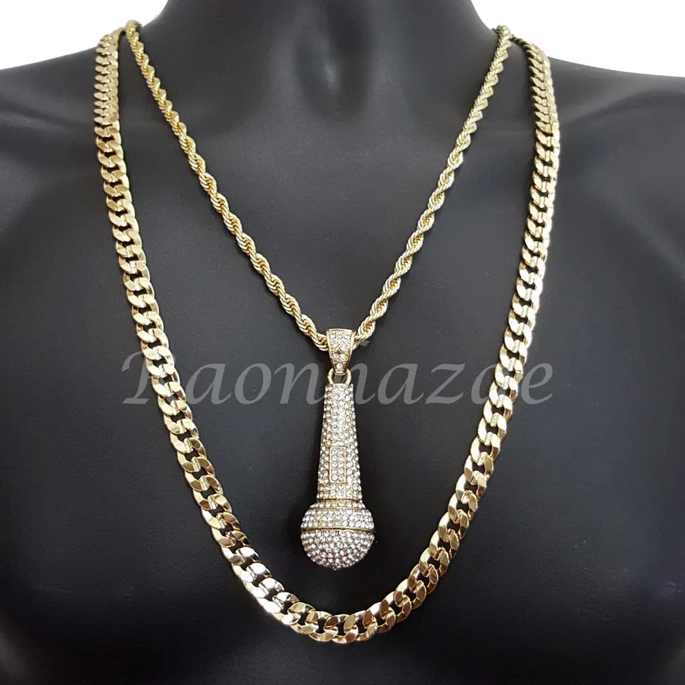 MICROPHONE CHARM ROPE CHAIN DIAMOND CUT 30" CUBAN CHAIN NECKLACE SET 17