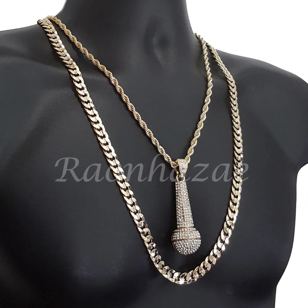 MICROPHONE CHARM ROPE CHAIN DIAMOND CUT 30" CUBAN CHAIN NECKLACE SET 17