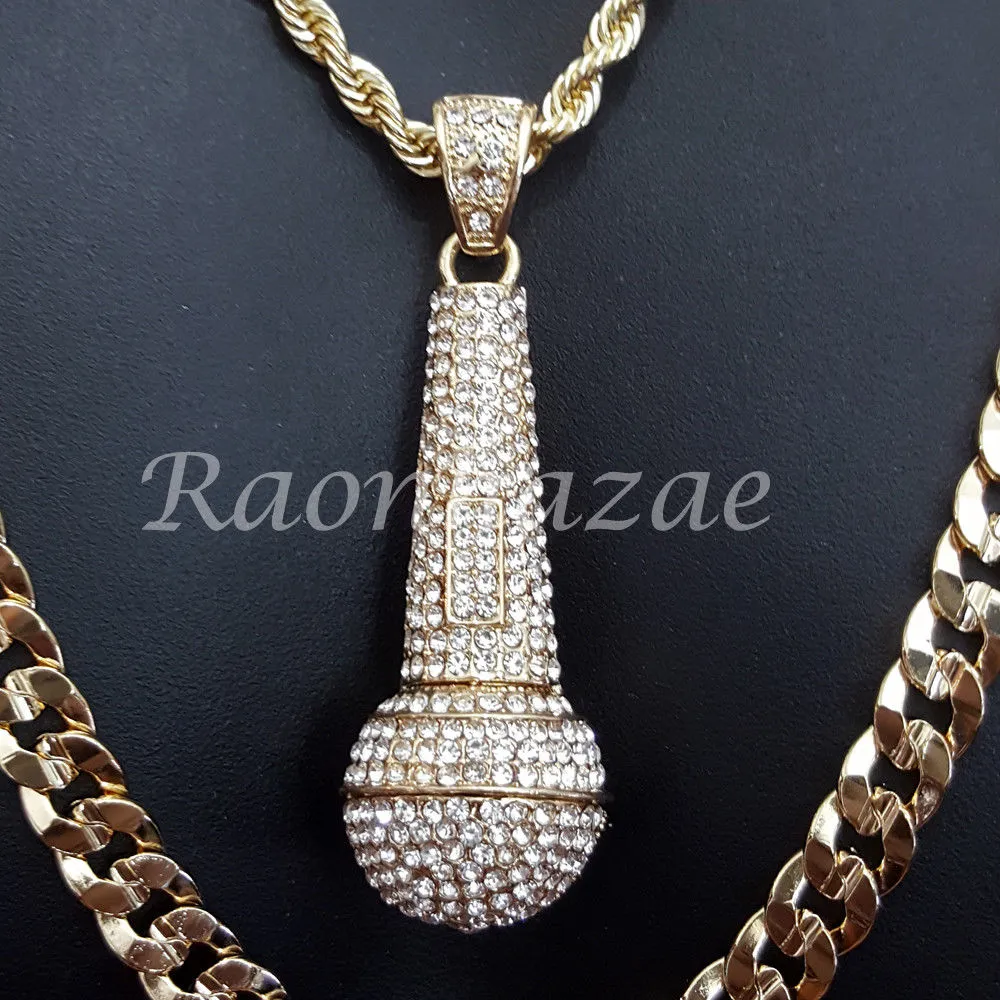 MICROPHONE CHARM ROPE CHAIN DIAMOND CUT 30" CUBAN CHAIN NECKLACE SET 17