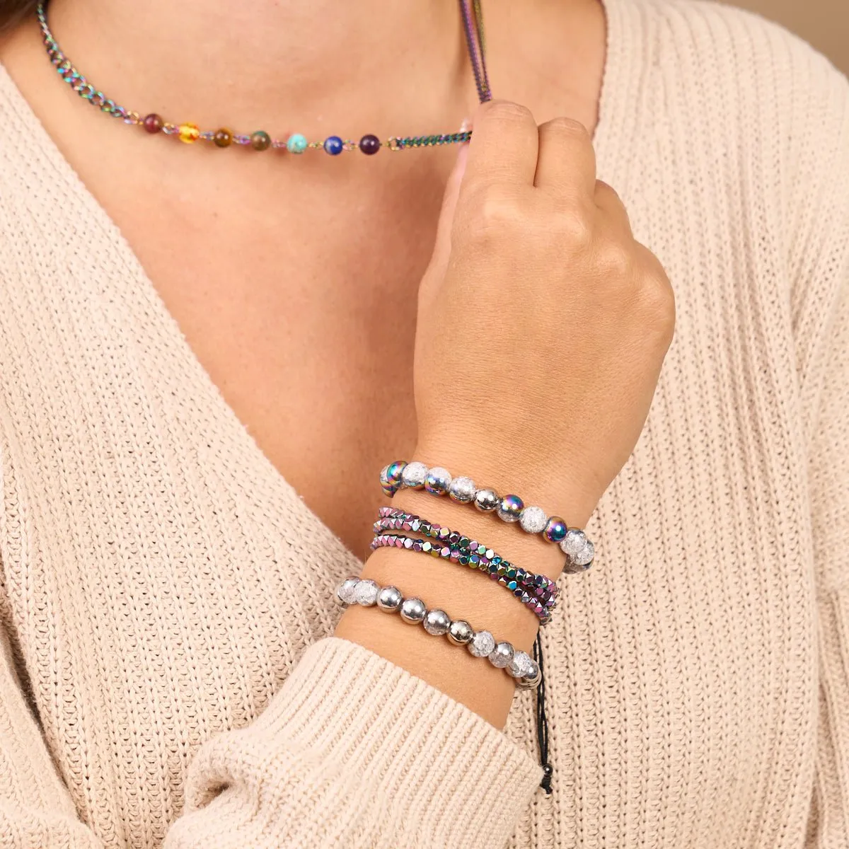 Mini Sacred Geom | Rainbow Hematite x Gunmetal | Triple Strand Bracelet