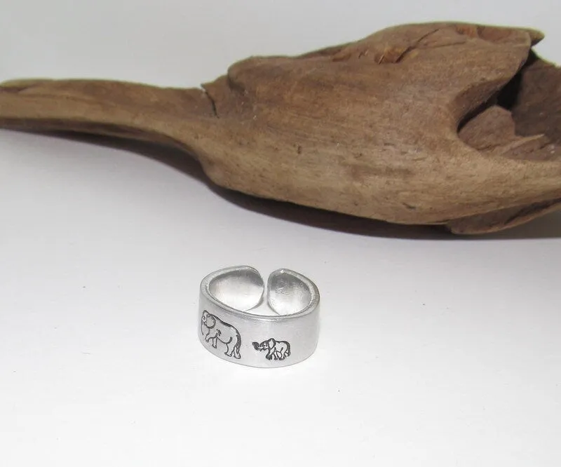 Momma elephants Adjustable stamped ring,  baby elephants love aluminum ring, inspiration rings, adjustable silver ring, stamped jewelry,