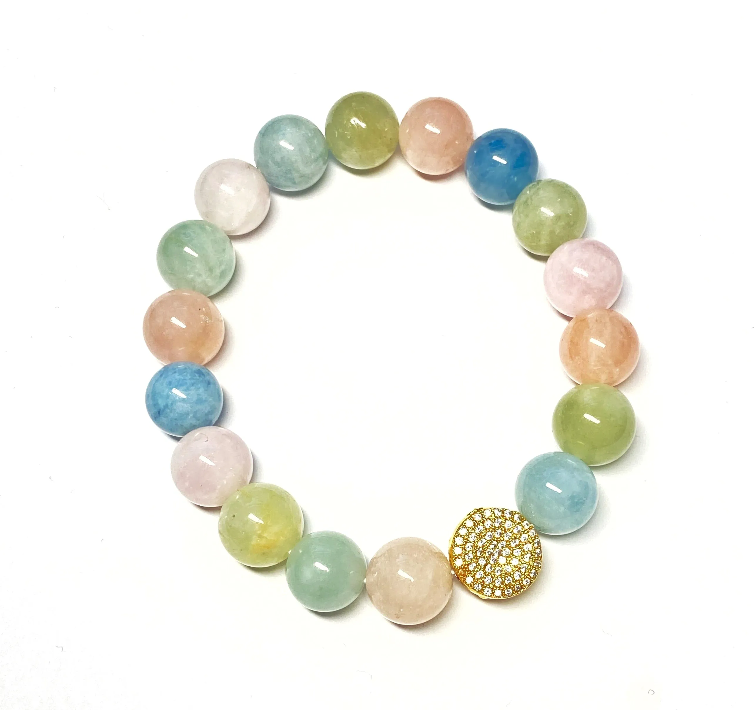 Multi-color Aquamarine Beryl Stretch Stacking Bracelet Gold Pave CZ