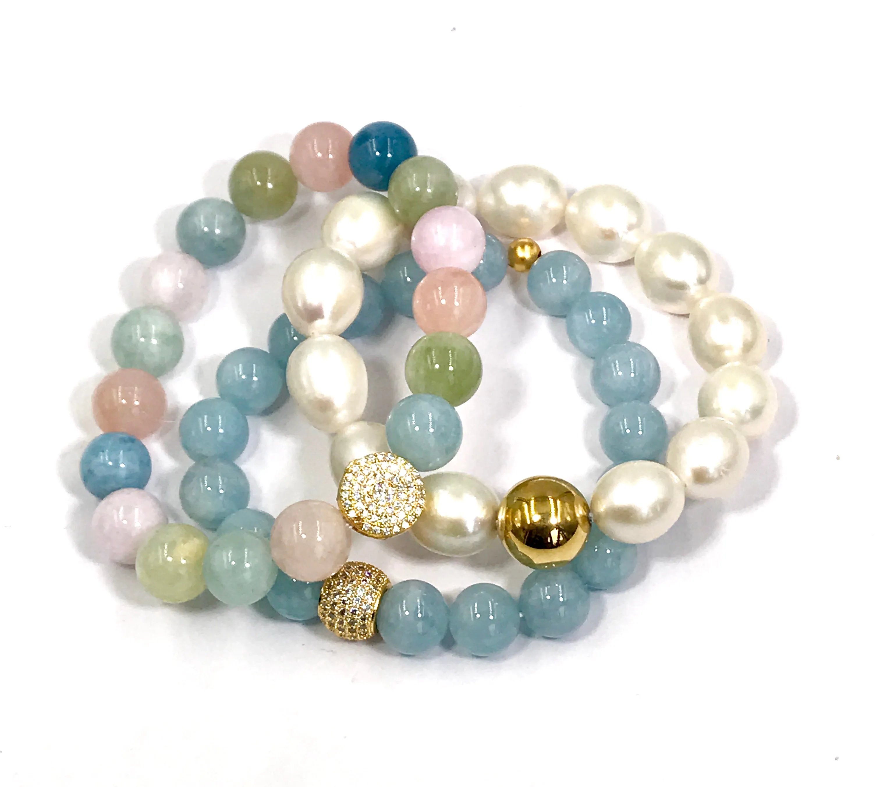 Multi-color Aquamarine Beryl Stretch Stacking Bracelet Gold Pave CZ