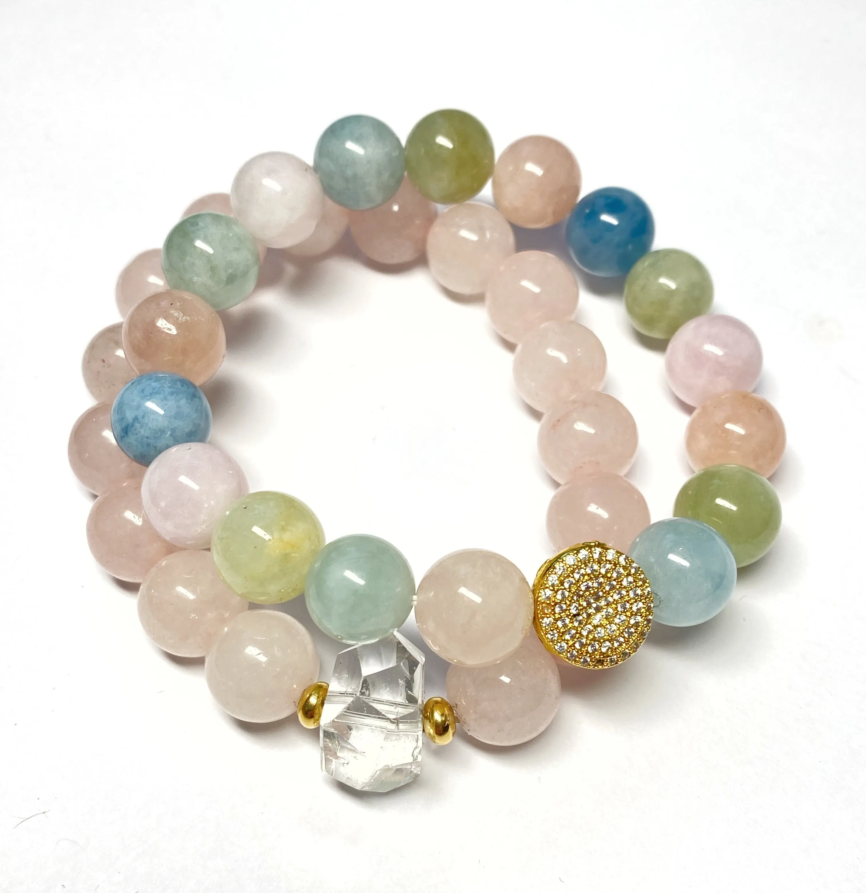 Multi-color Aquamarine Beryl Stretch Stacking Bracelet Gold Pave CZ