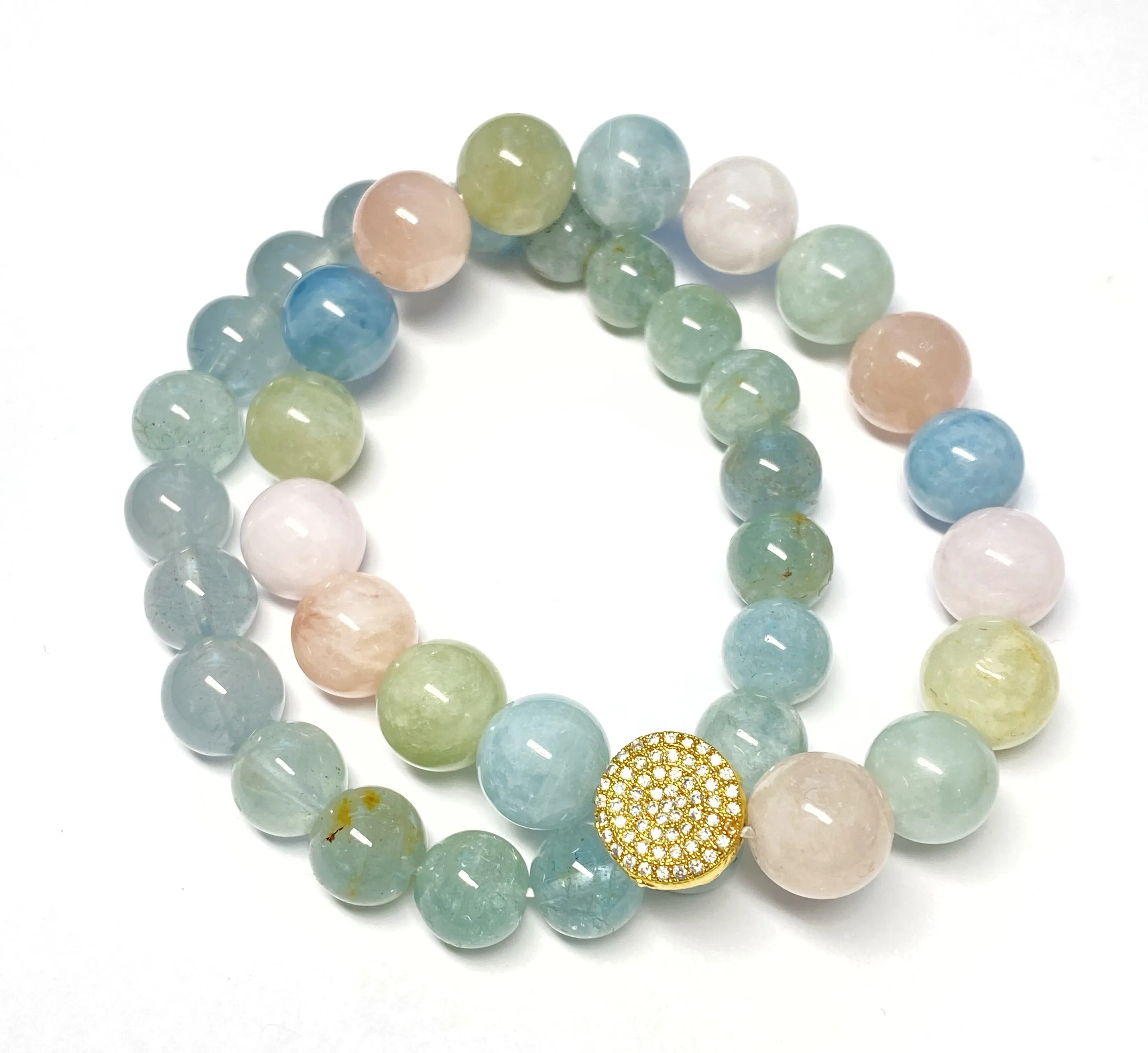 Multi-color Aquamarine Beryl Stretch Stacking Bracelet Gold Pave CZ