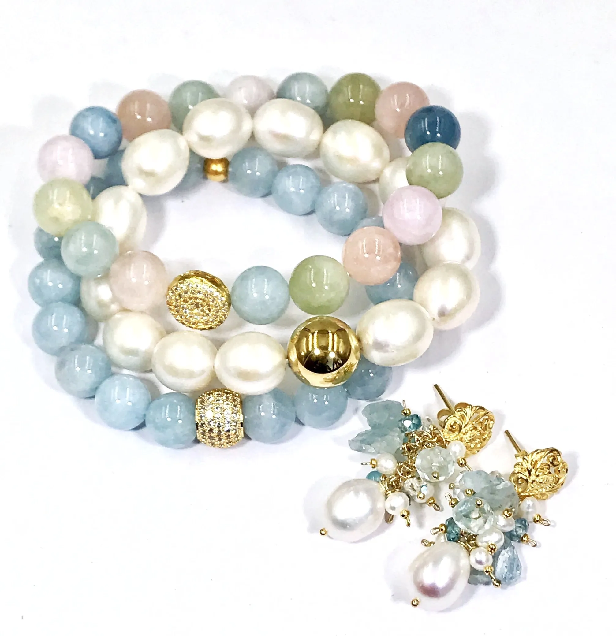 Multi-color Aquamarine Beryl Stretch Stacking Bracelet Gold Pave CZ