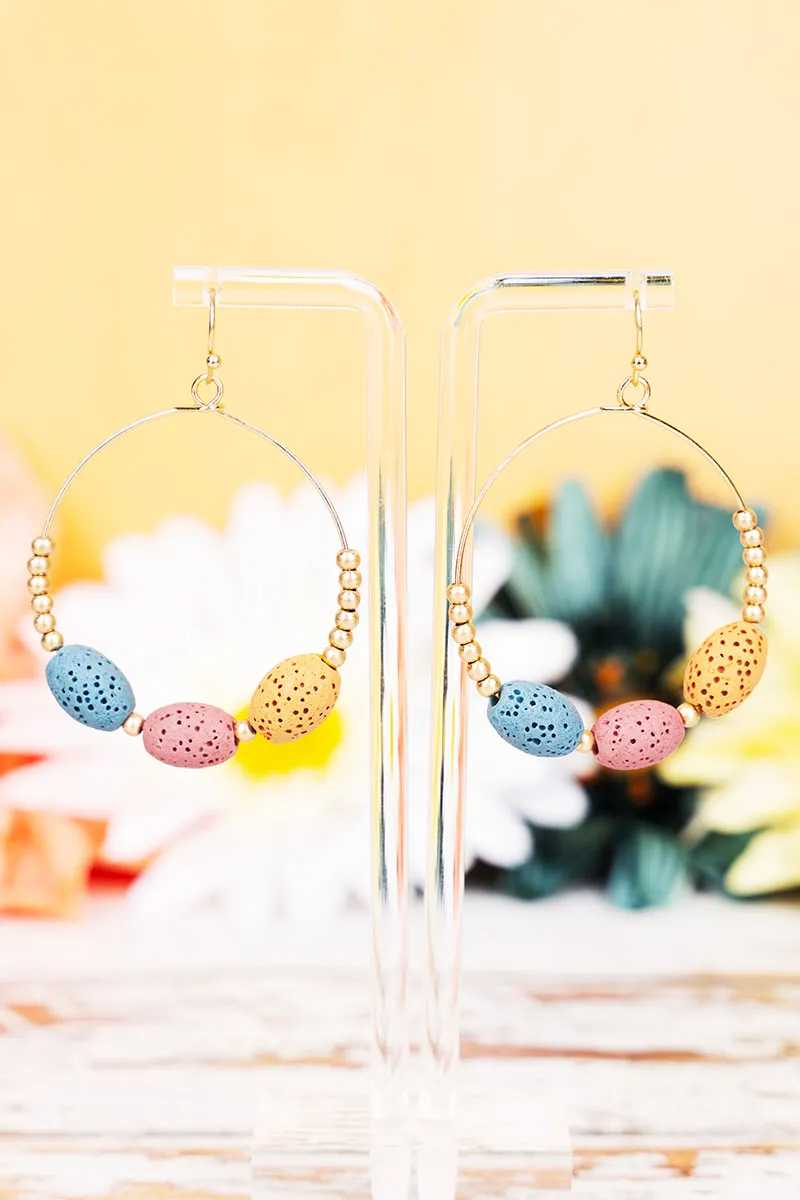 Multi-Color Neutral Lava Rock Goldtone Loop Earrings