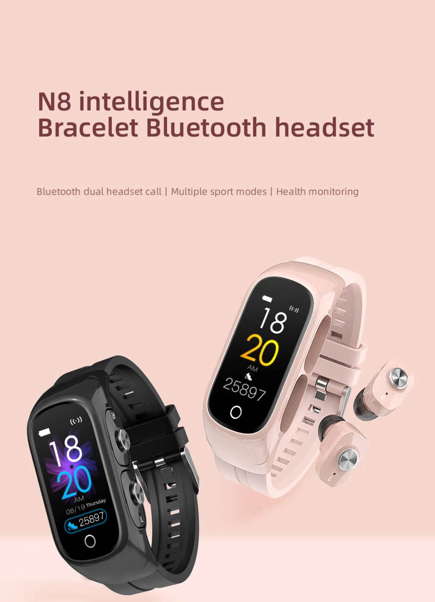N8 Sports unisex Fitness & vital signs Tracker Blood-Pressure Monitor Smart watch  2 in 1 with Earbuds.