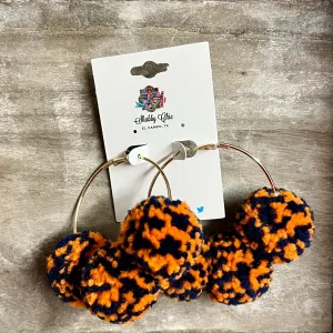 Navy and Orange Pom Pom Earrings