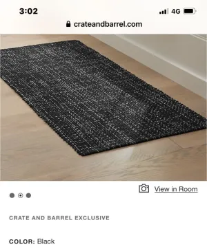 NEW Crate&Barrel Della Black Reversible Cotton Flat Weave Rug Runner 2 Ft 5" X 6 Ft, hand constructed in India! Retails $129 