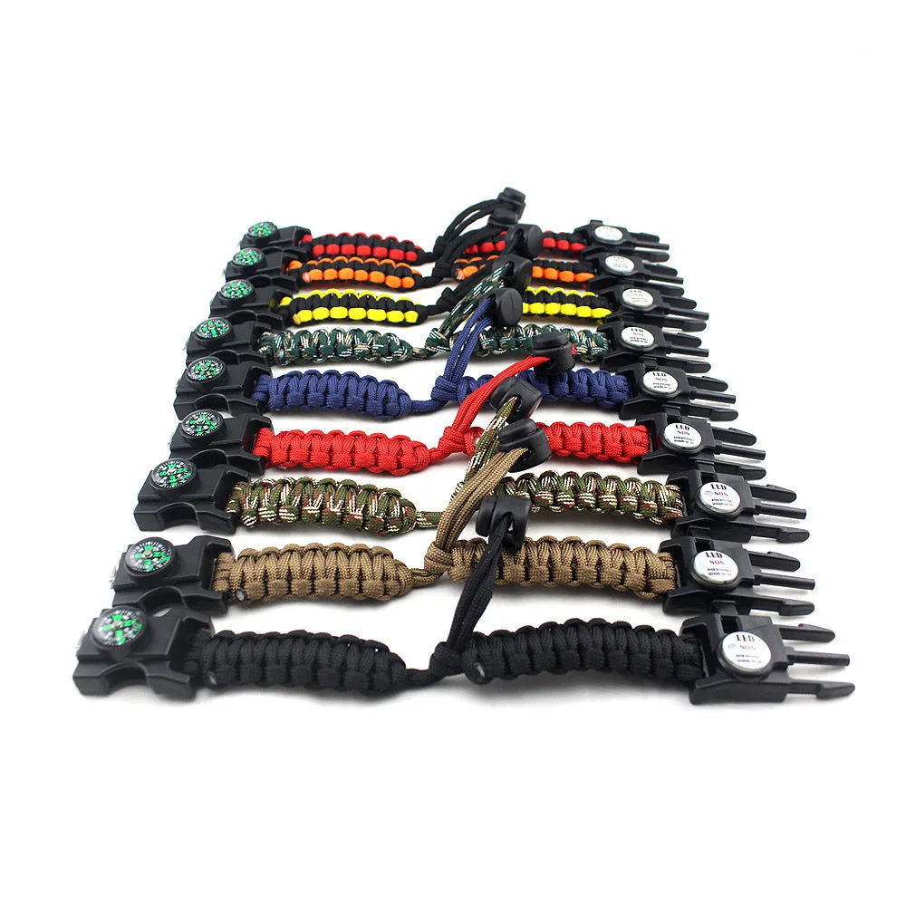 Outdoor Emergency Life-saving Paracord Bracelet Compass Whistle Led Light SOS Camping Supplies