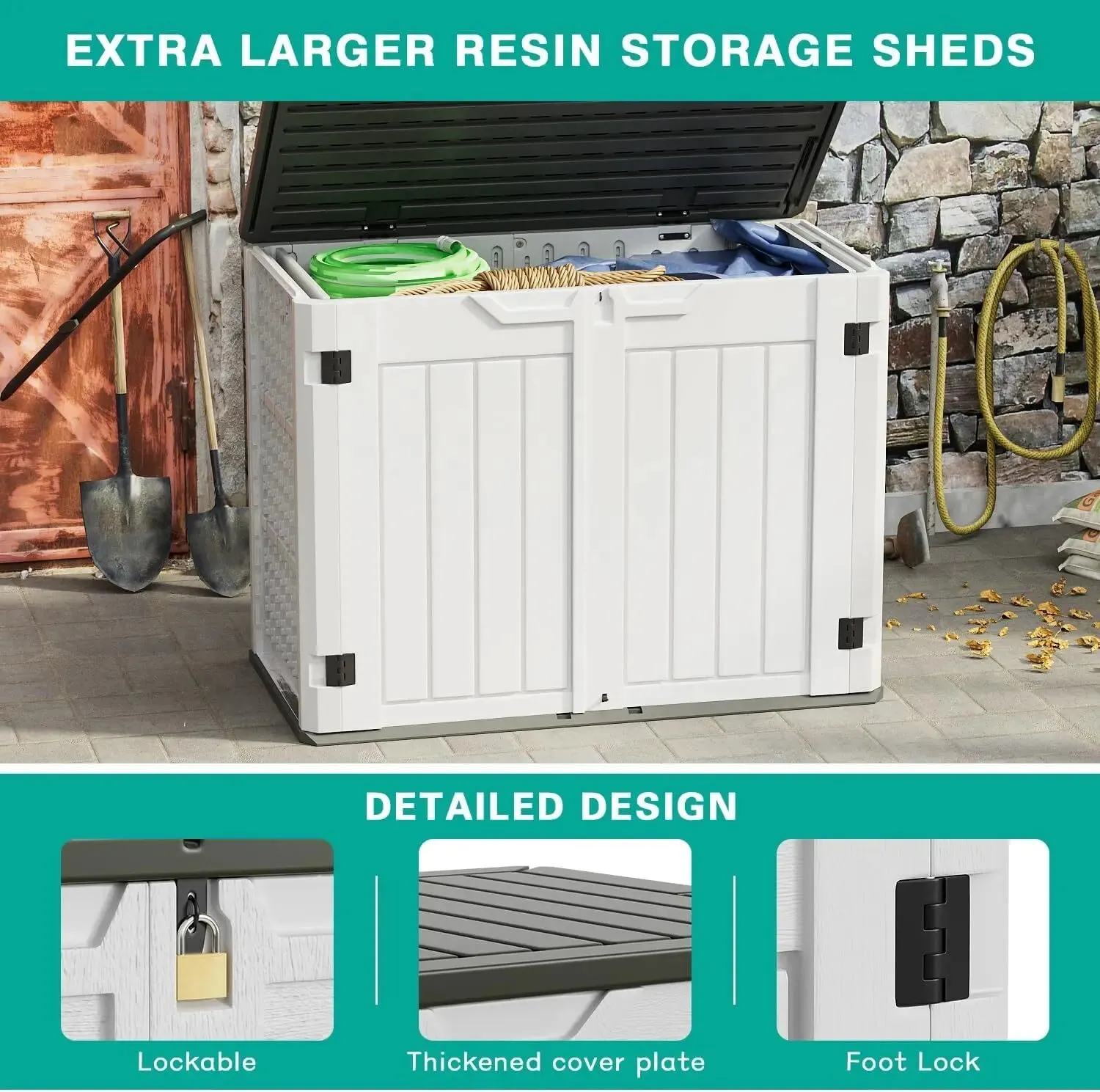 Outdoor Horizontal Resin Storage Sheds 34 Cu. Ft. Weather Resistant Resin Tool Shed, Extra Large Capacity Weather Resist