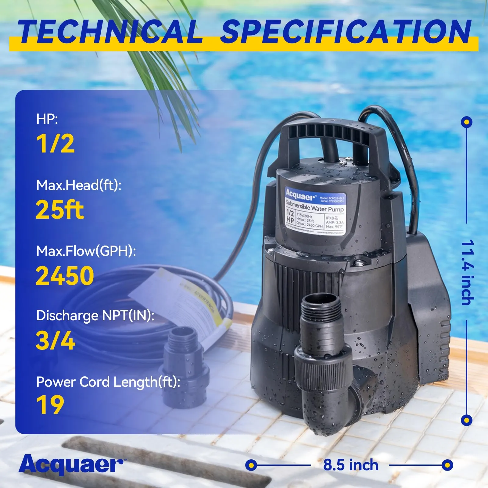PCP025-BLS 1/2 HP 115V Automatic Sump Pump, 2450 GPH 19ft Cord