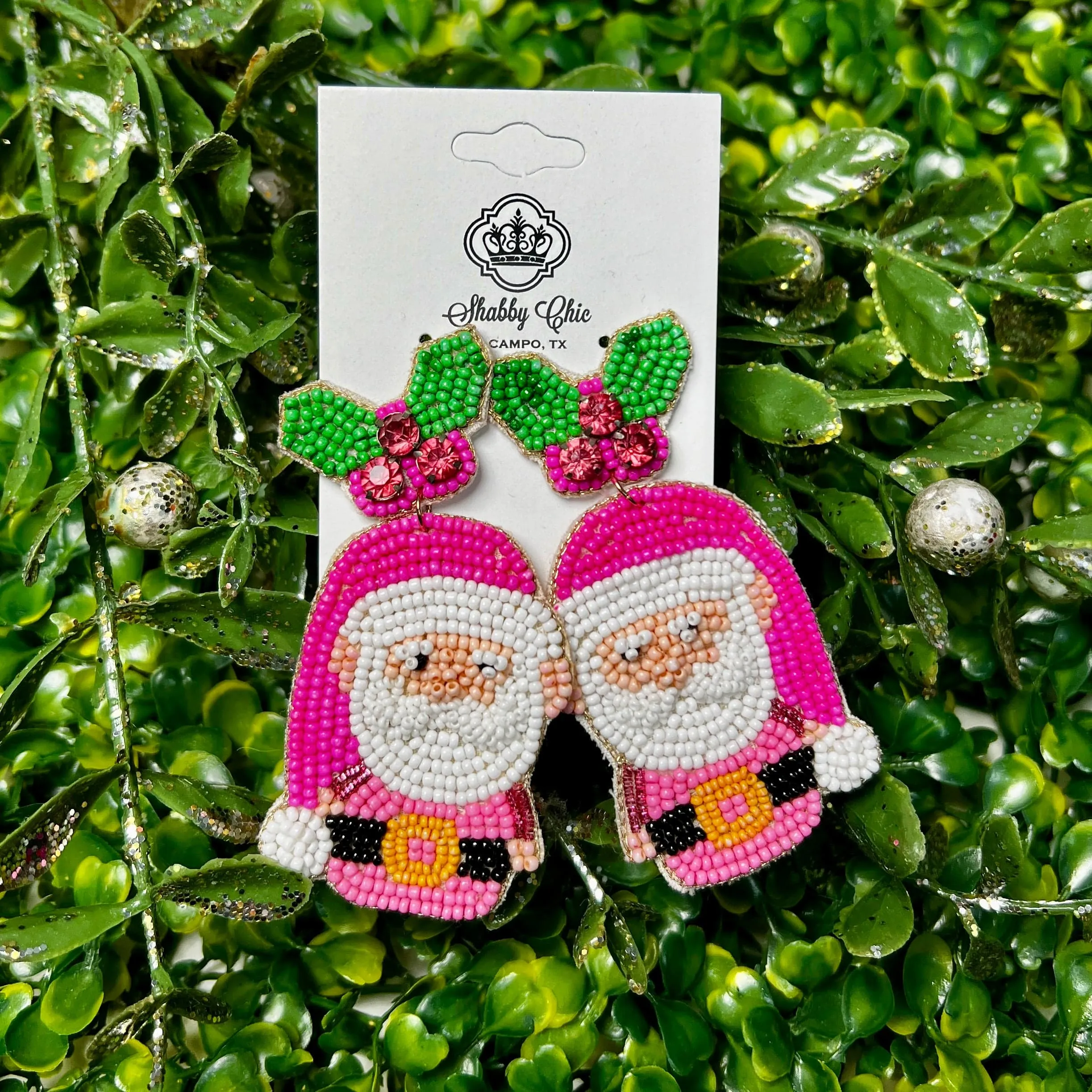 Pink Beaded Santa Earrings