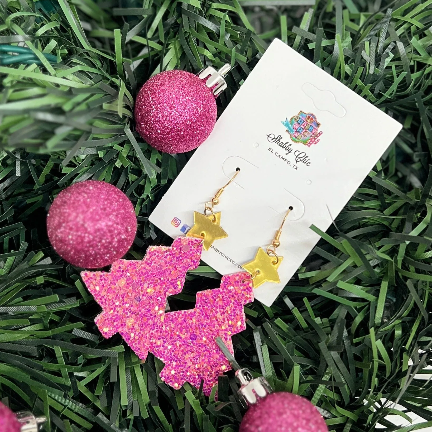 Pink Glitter Christmas Tree Earrings