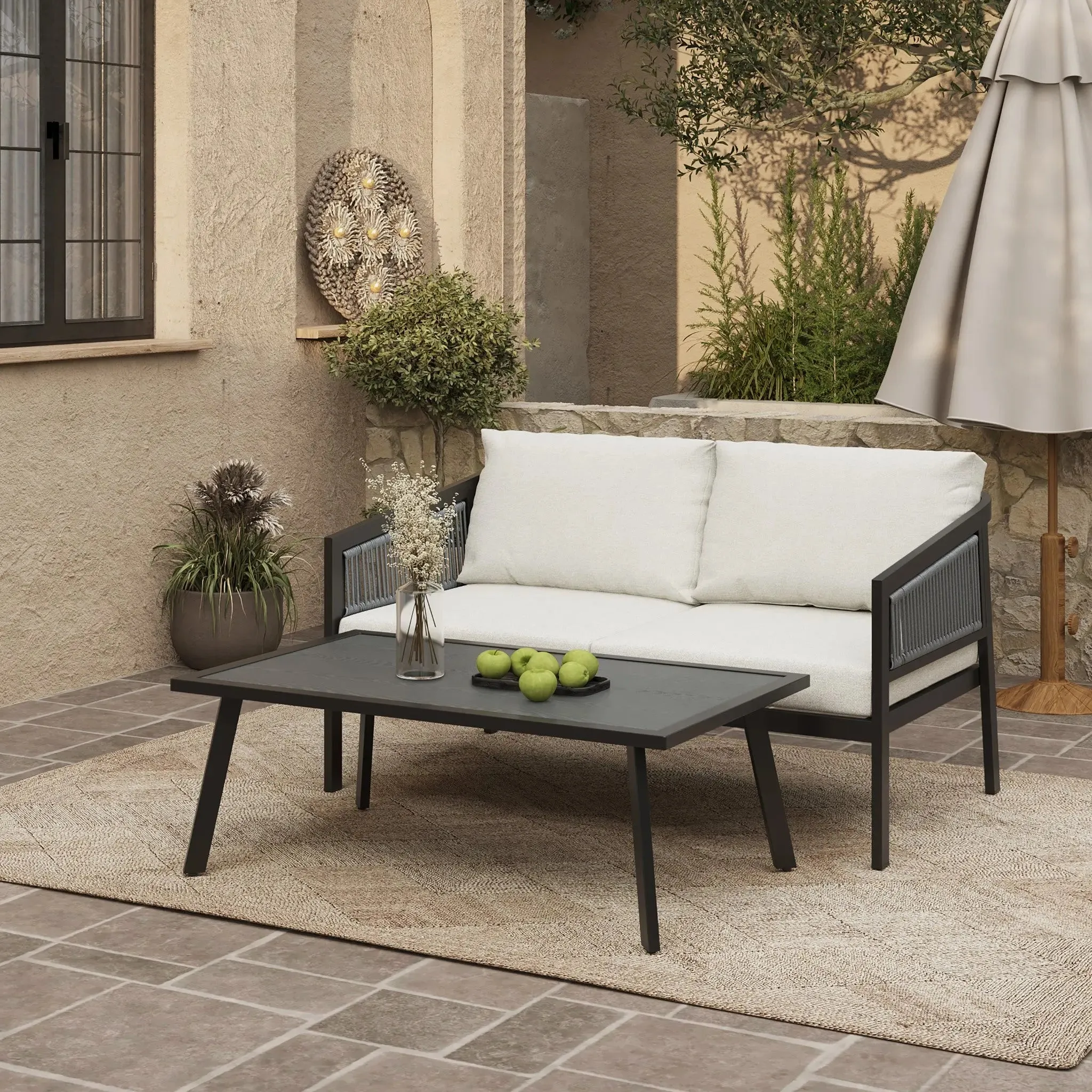 Pismo black steel & PE rope loveseat & coffee table set