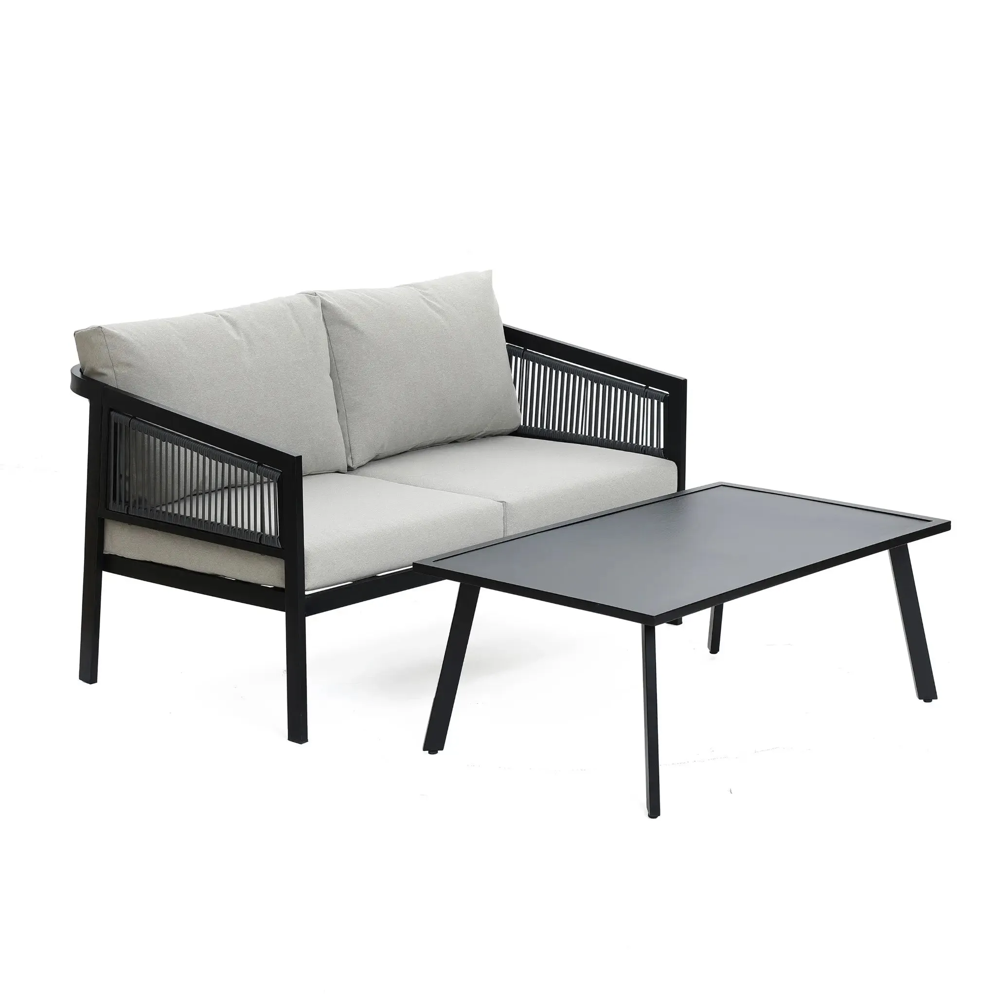 Pismo black steel & PE rope loveseat & coffee table set