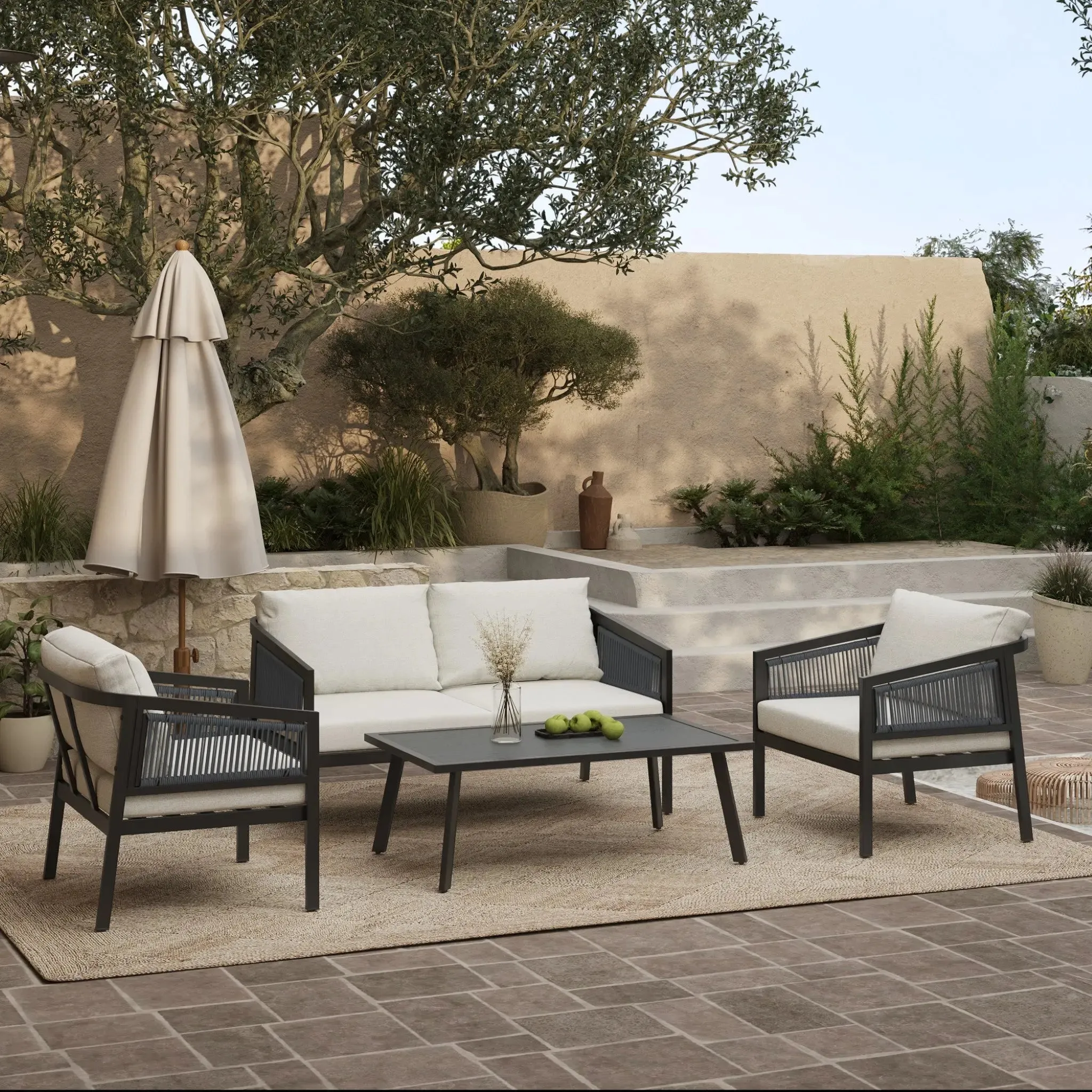 Pismo black steel & PE rope loveseat & coffee table set