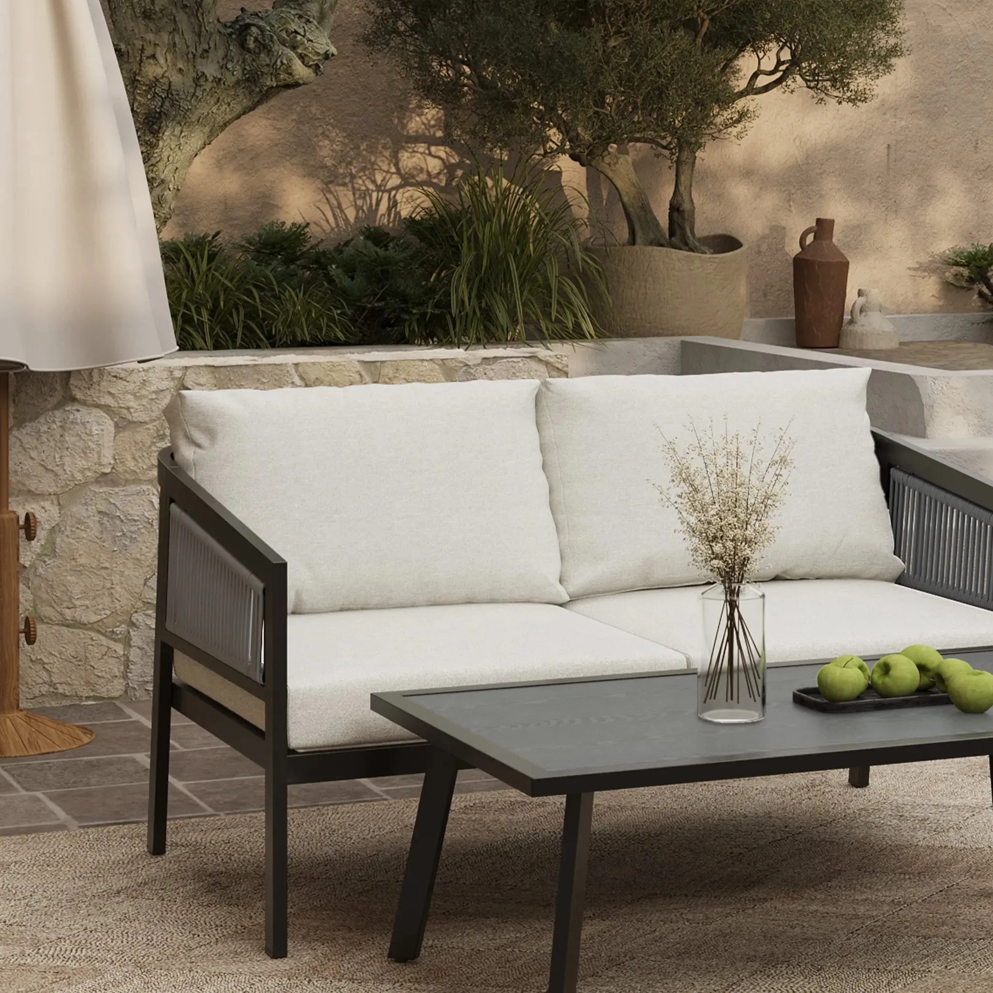 Pismo black steel & PE rope loveseat & coffee table set