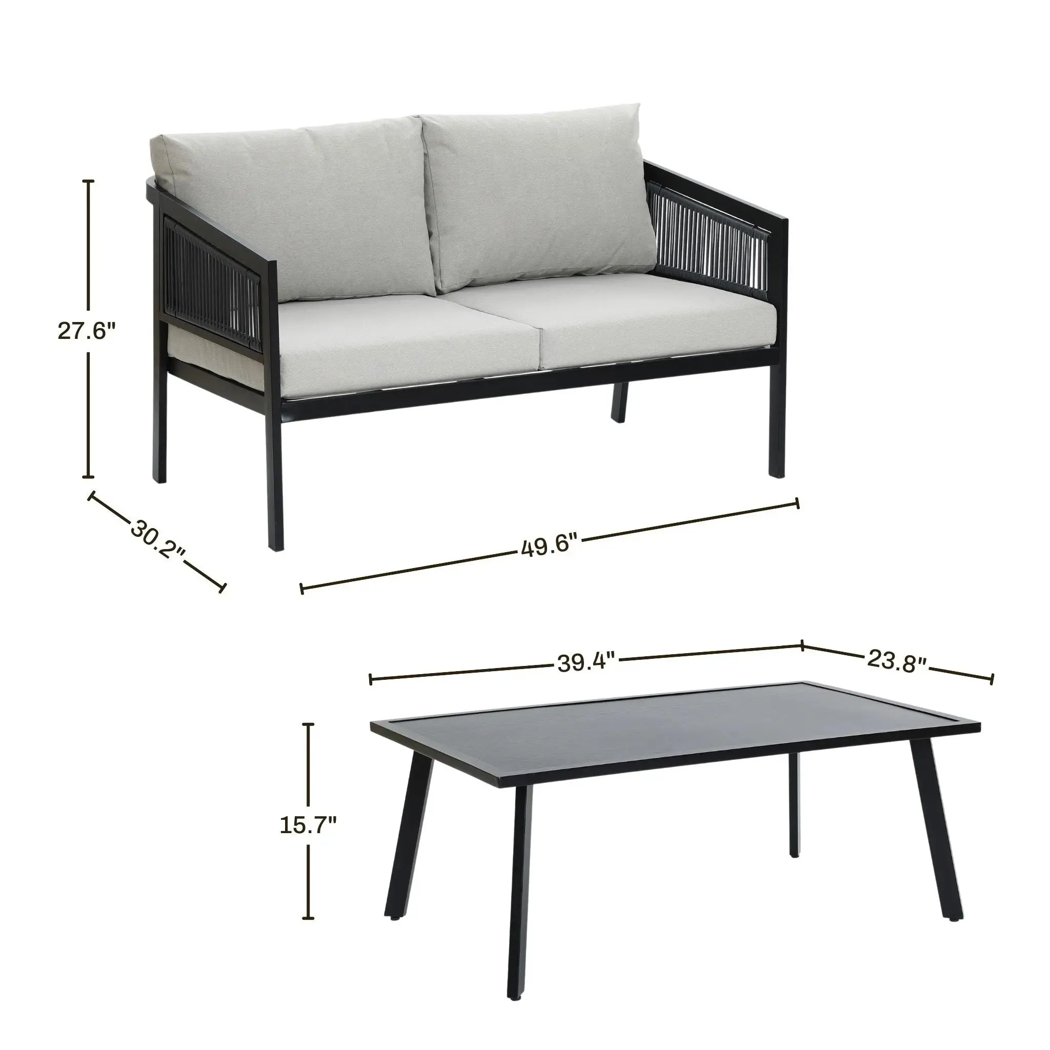 Pismo black steel & PE rope loveseat & coffee table set
