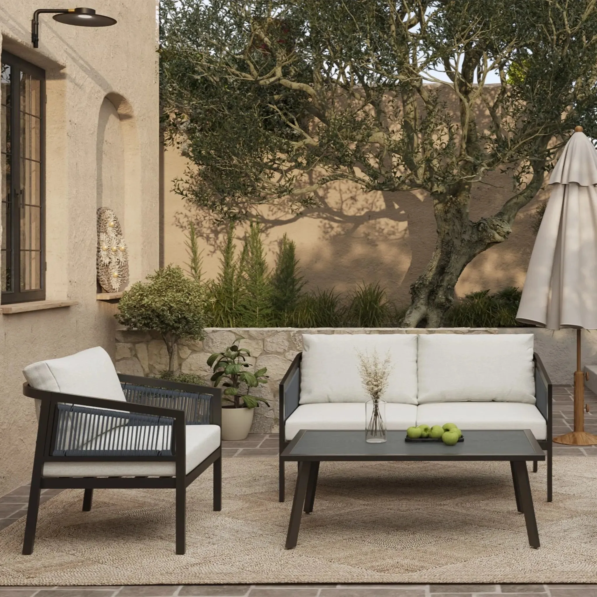 Pismo black steel & PE rope outdoor conversation set, 2 armchairs, 1 coffee table, 1 loveseat
