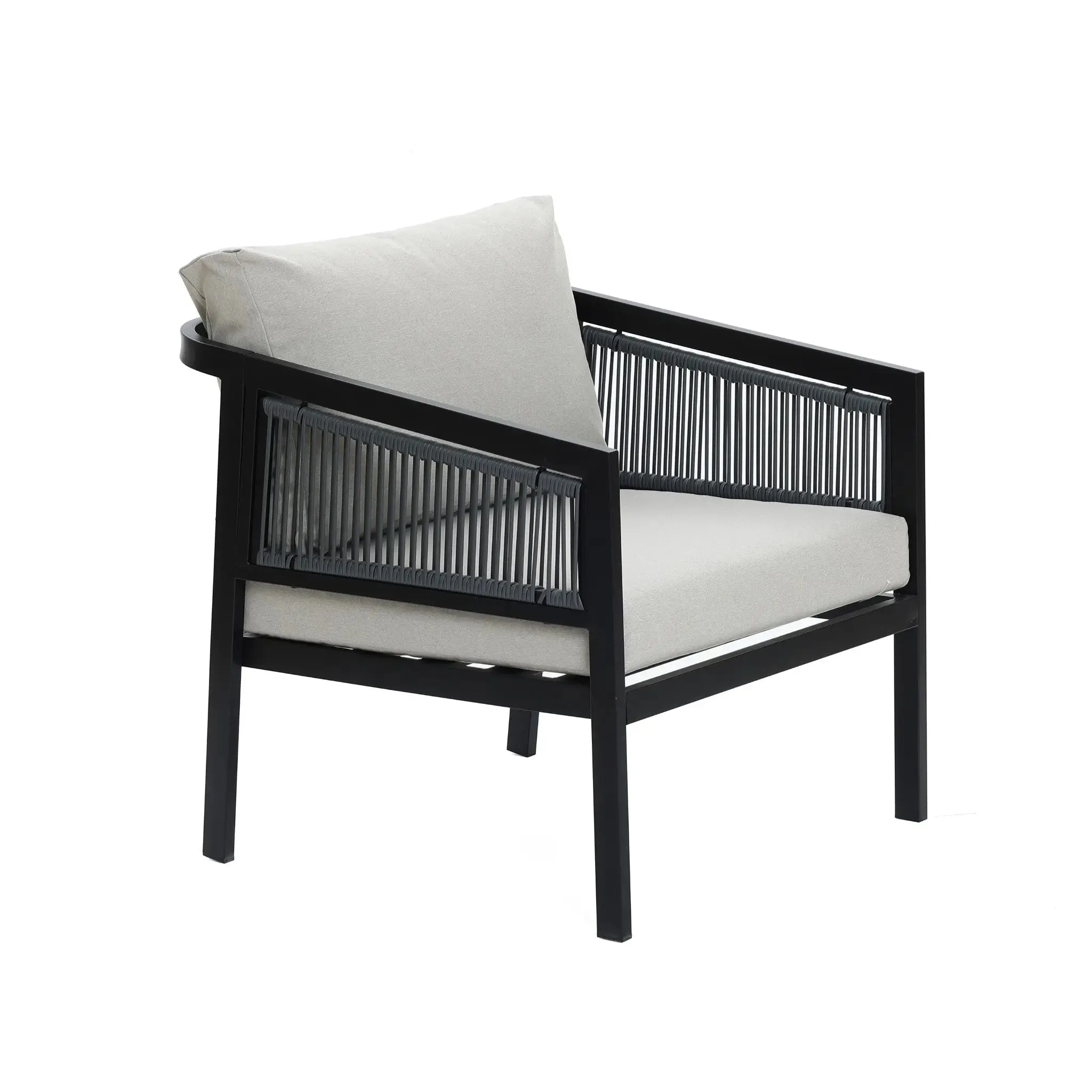 Pismo black steel & PE rope outdoor conversation set, 2 armchairs, 1 coffee table, 1 loveseat