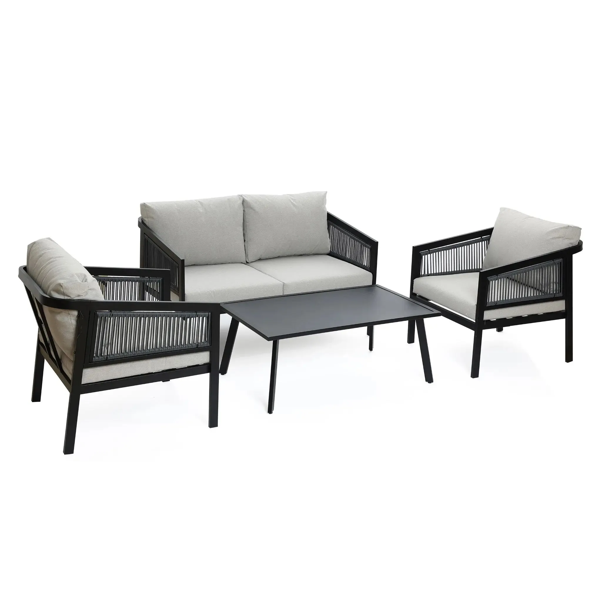 Pismo black steel & PE rope outdoor conversation set, 2 armchairs, 1 coffee table, 1 loveseat