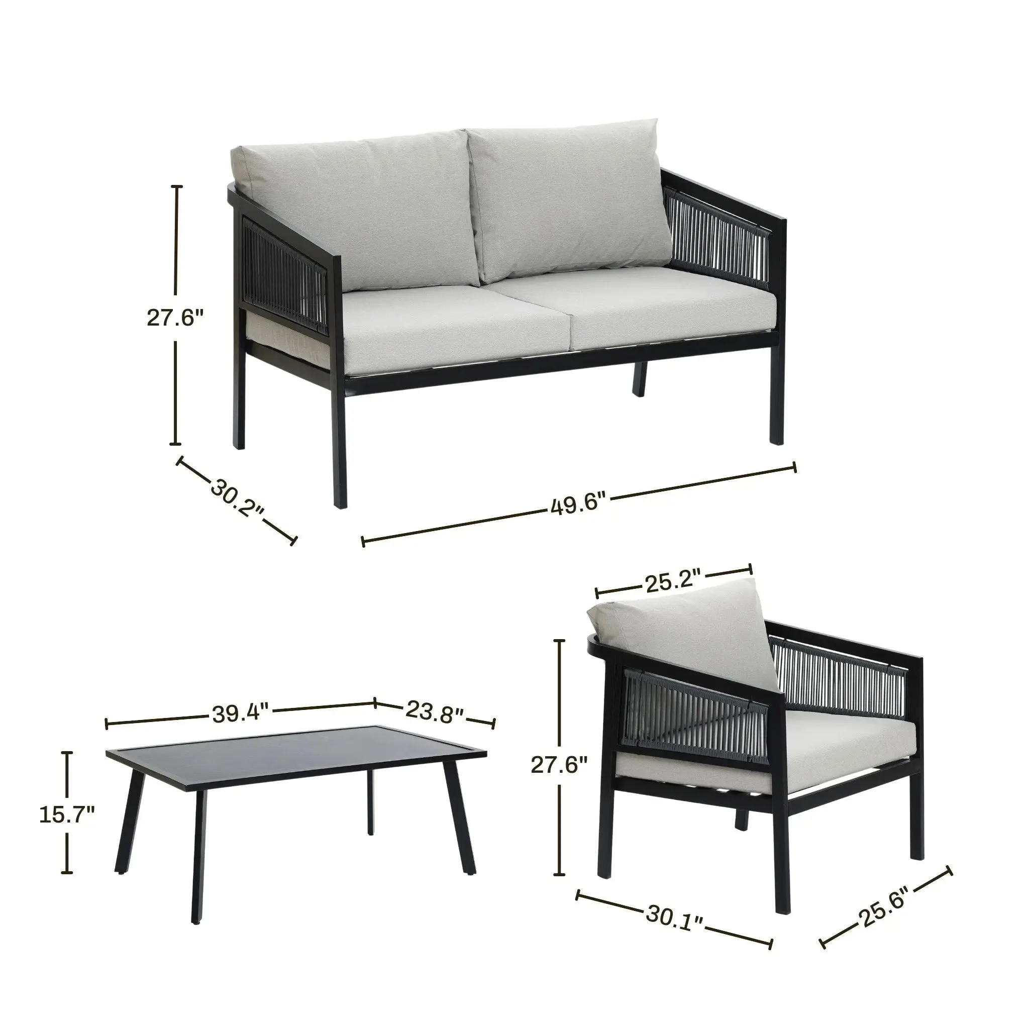 Pismo black steel & PE rope outdoor conversation set, 2 armchairs, 1 coffee table, 1 loveseat