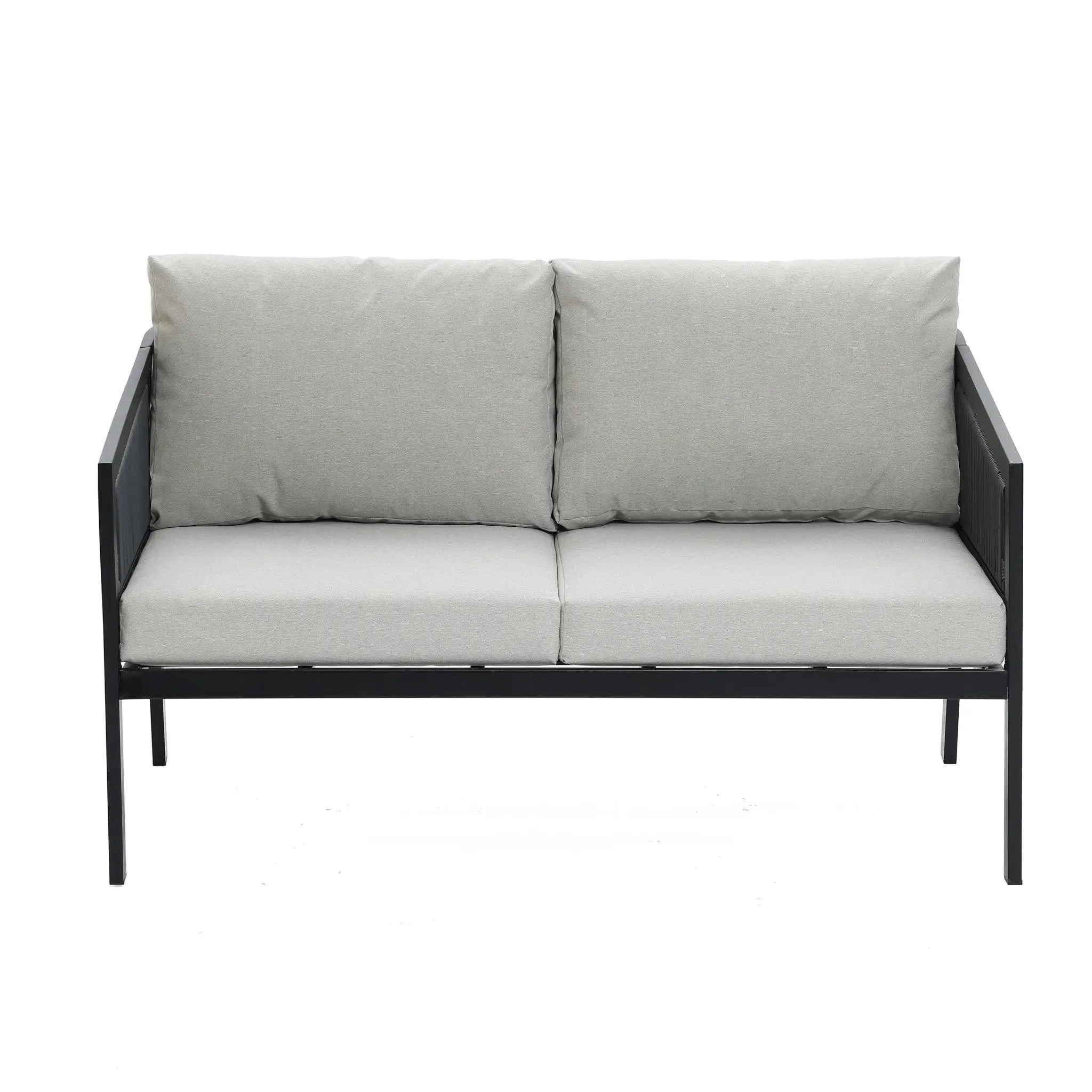 Pismo black steel & PE rope outdoor conversation set, 2 armchairs, 1 coffee table, 1 loveseat