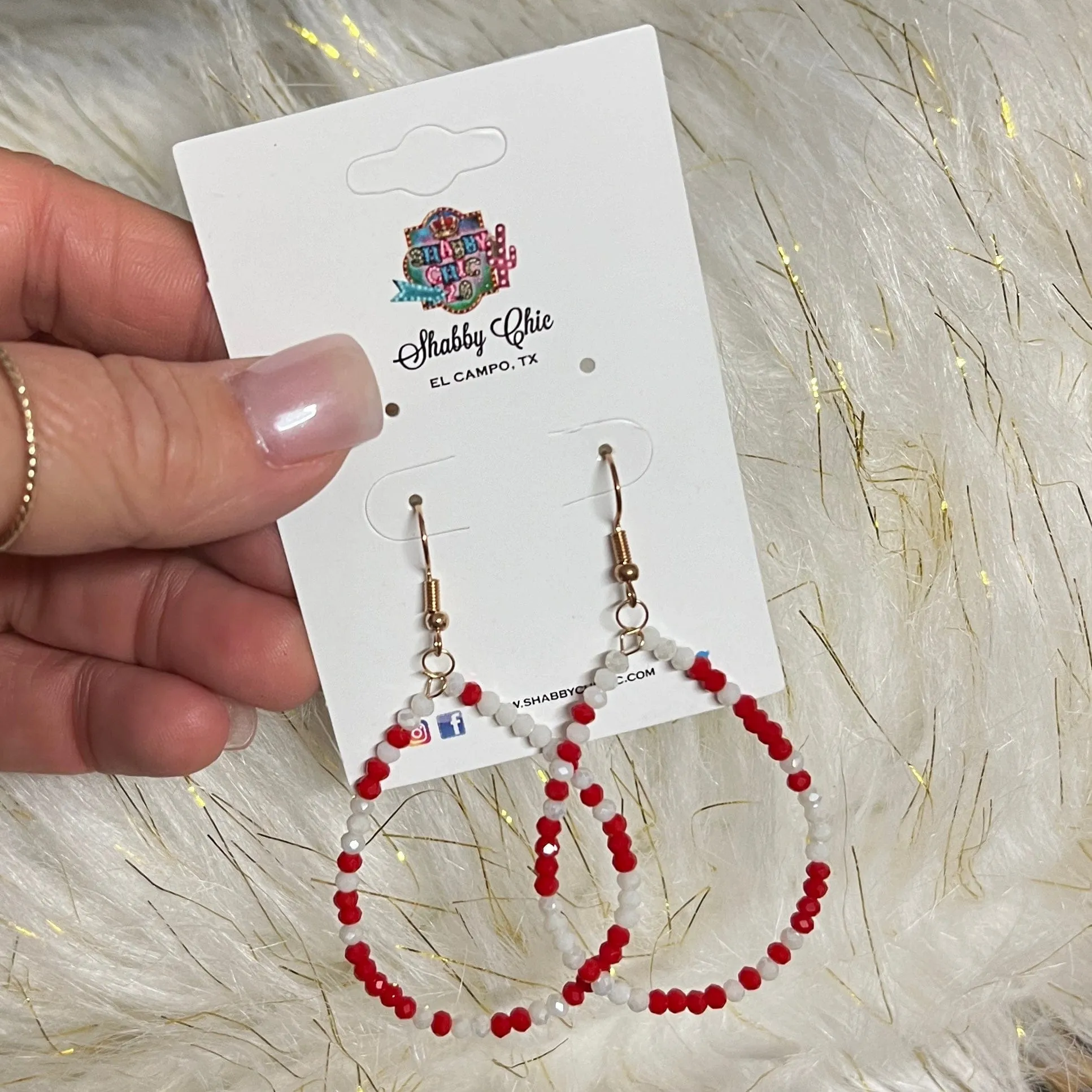 Red and White Beaded Teardrop Earrings