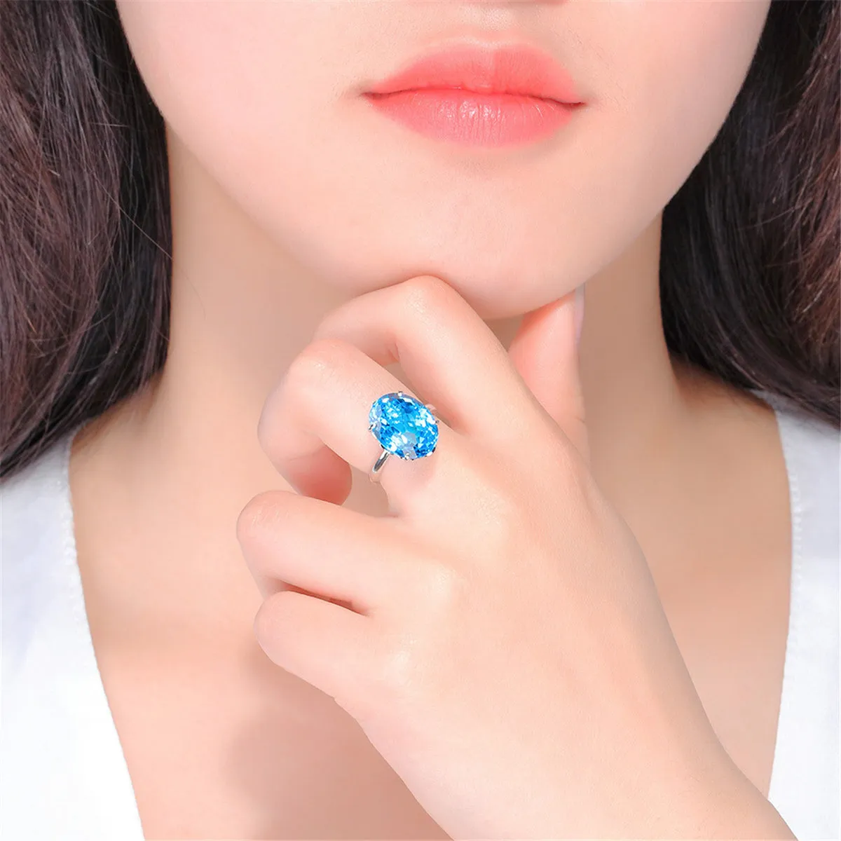 Sea Blue Crystal & Silver-Plated Adjustable Solitaire Ring