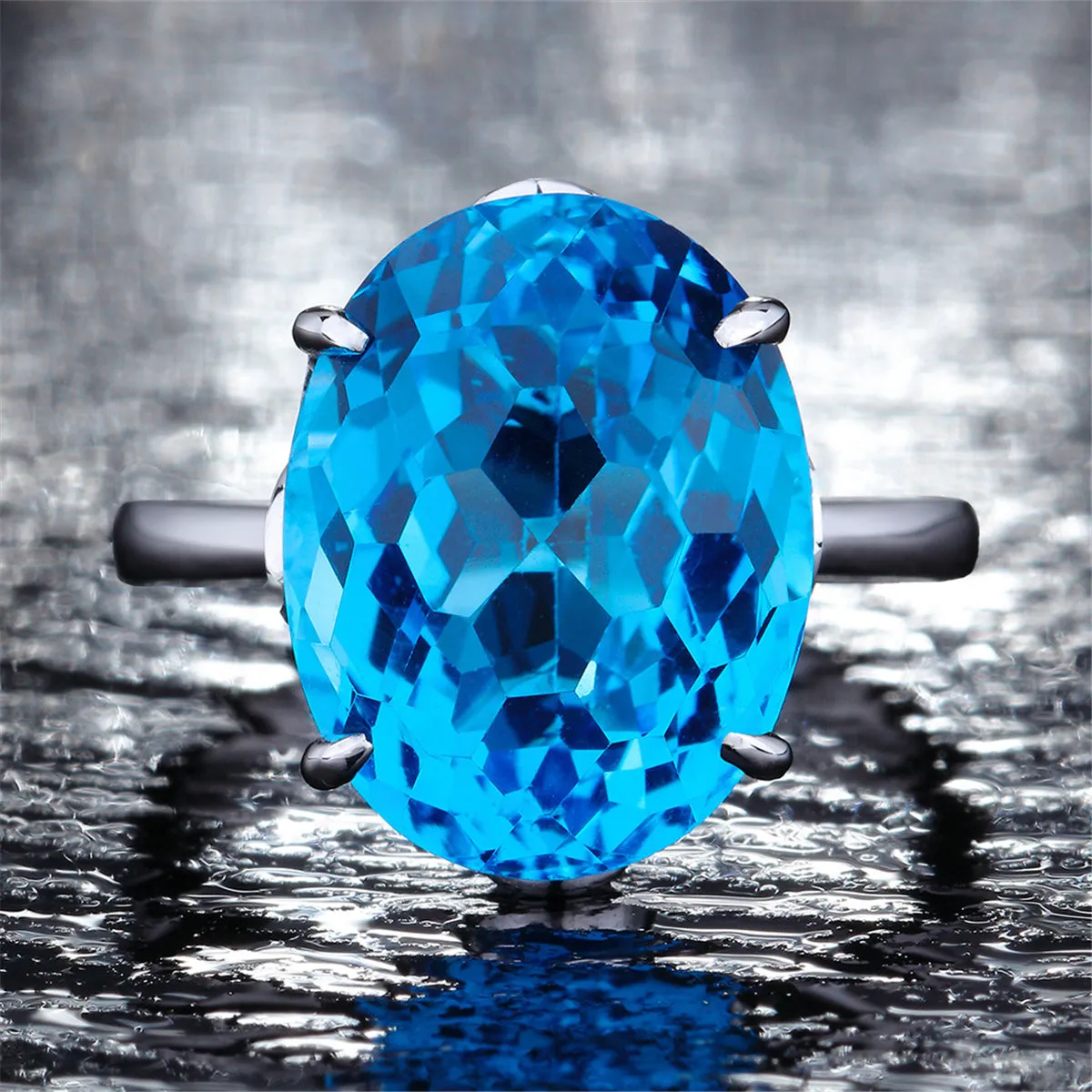 Sea Blue Crystal & Silver-Plated Adjustable Solitaire Ring