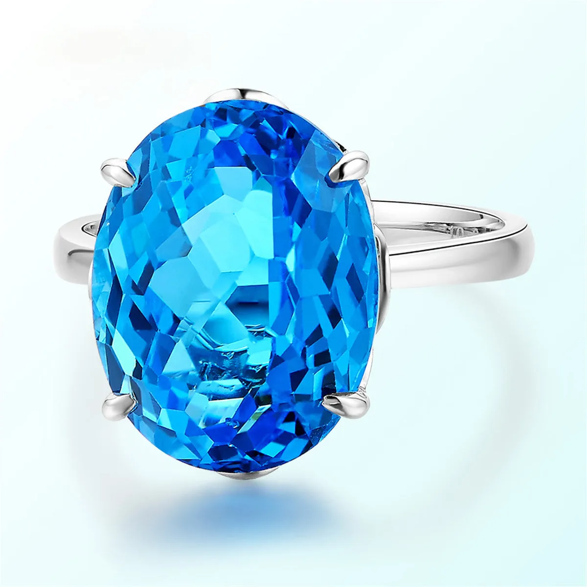Sea Blue Crystal & Silver-Plated Adjustable Solitaire Ring