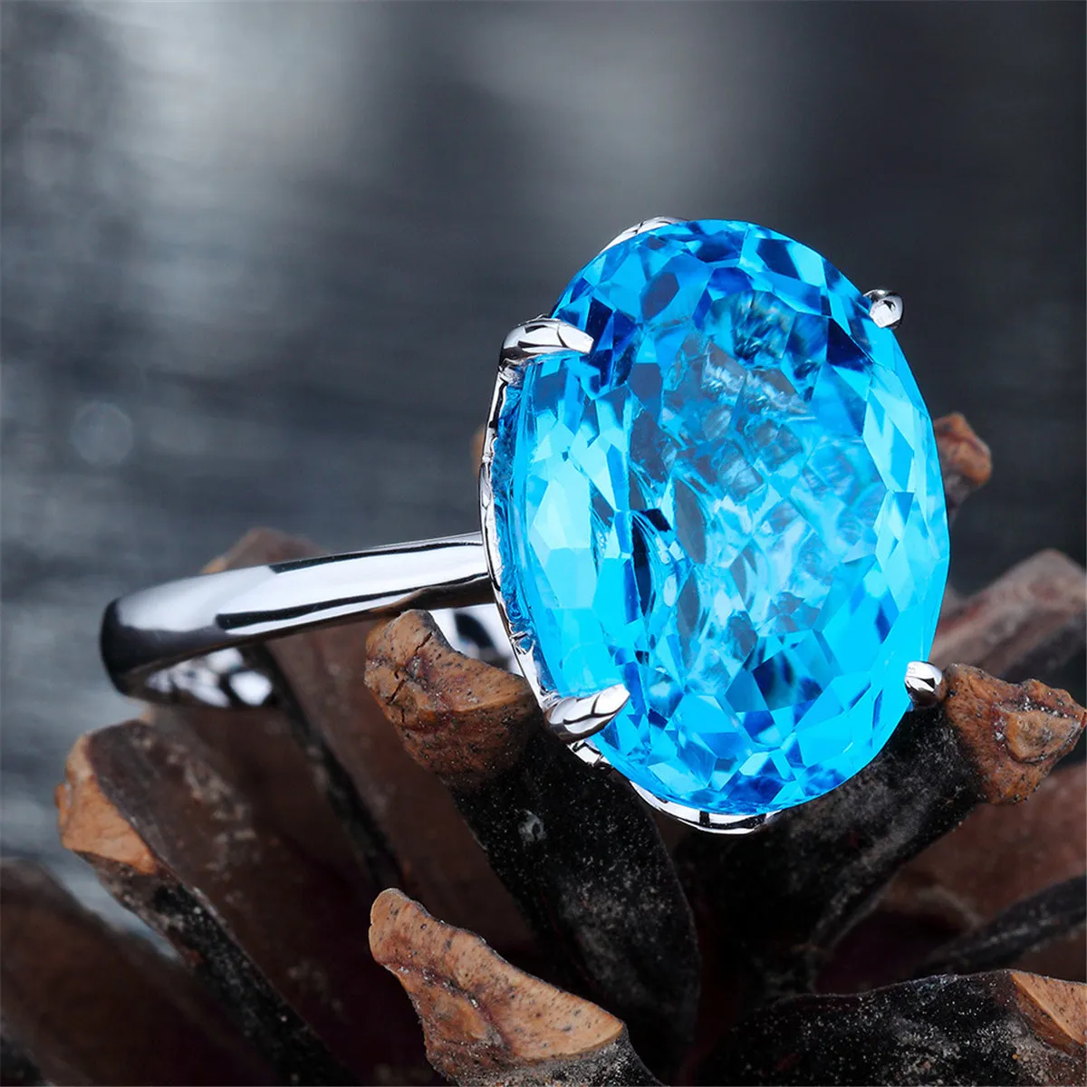Sea Blue Crystal & Silver-Plated Adjustable Solitaire Ring