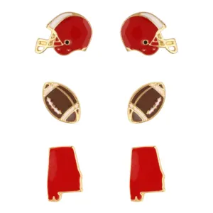 SET OF 3 ALABAMA ENAMEL STUD GAMEDAY EARRINGS- RED AND WHITE