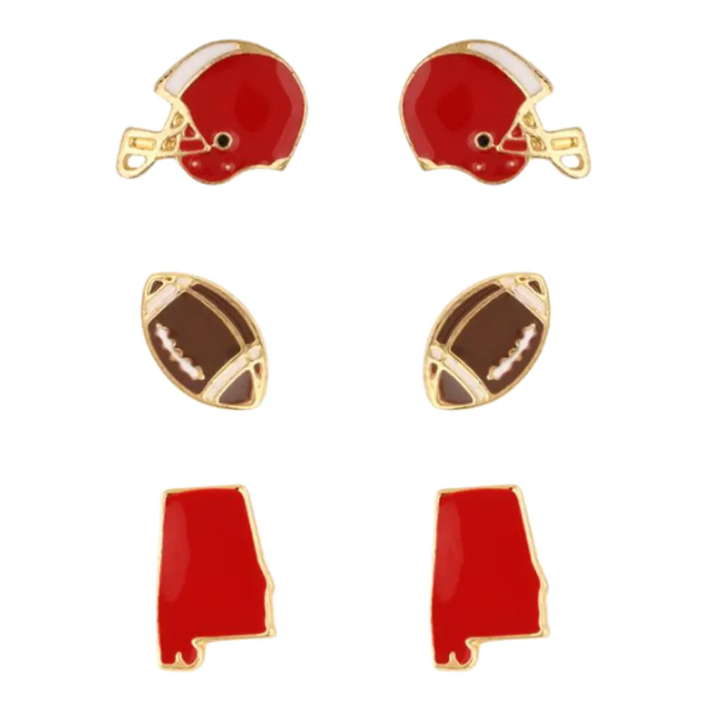 SET OF 3 ALABAMA ENAMEL STUD GAMEDAY EARRINGS- RED AND WHITE