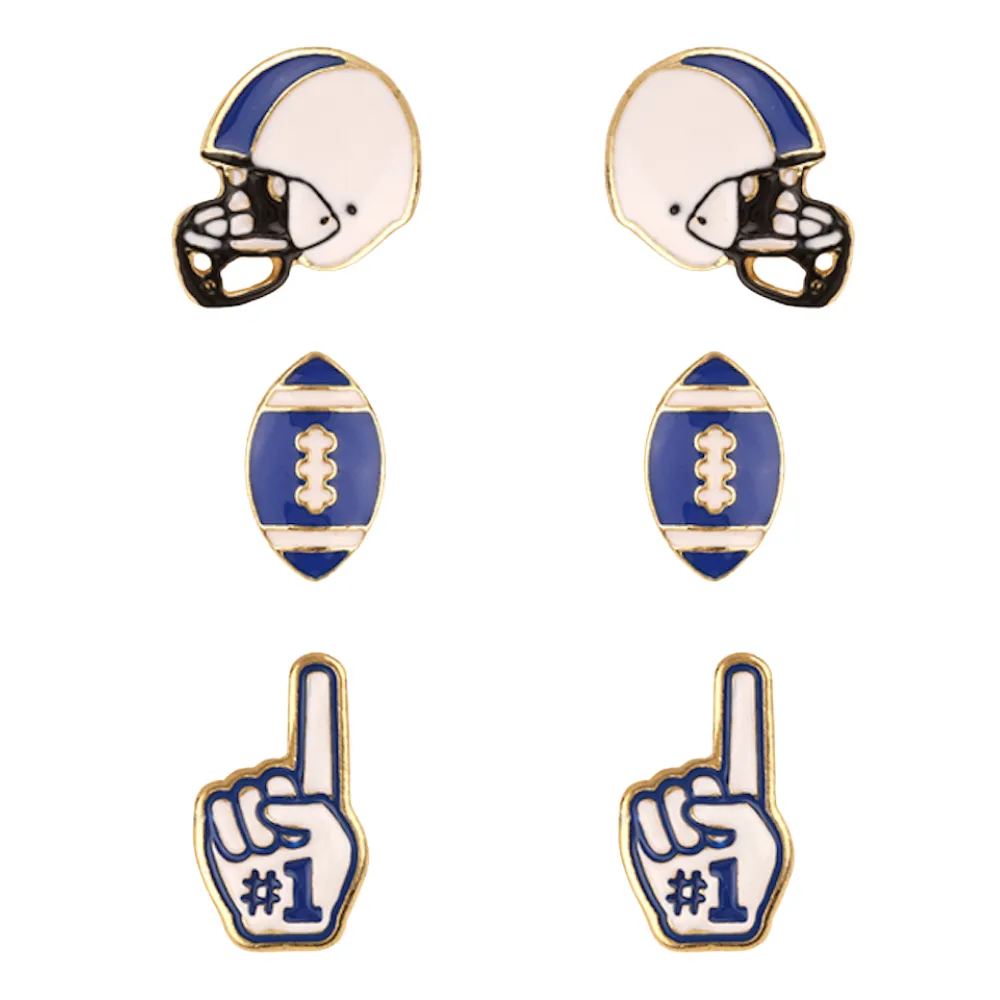 SET OF 3 GAMEDAY ENAMEL STUD EARRINGS- BLUE AND WHITE