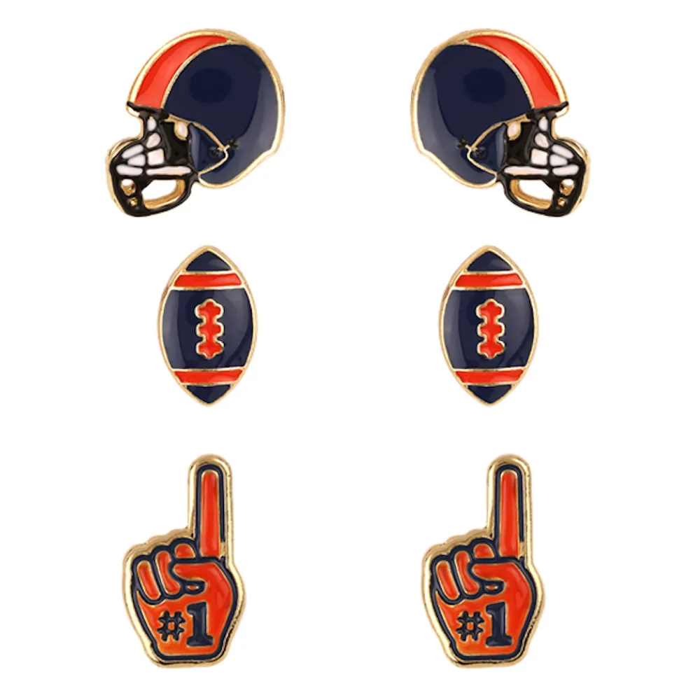 SET OF 3 GAMEDAY ENAMEL STUD EARRINGS- BLUE AND WHITE