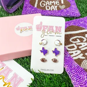 SET OF 3 TEXAS ENAMEL STUD GAMEDAY EARRINGS- PURPLE / WHITE