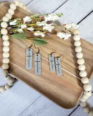 Silver Glitter Cross Earrings