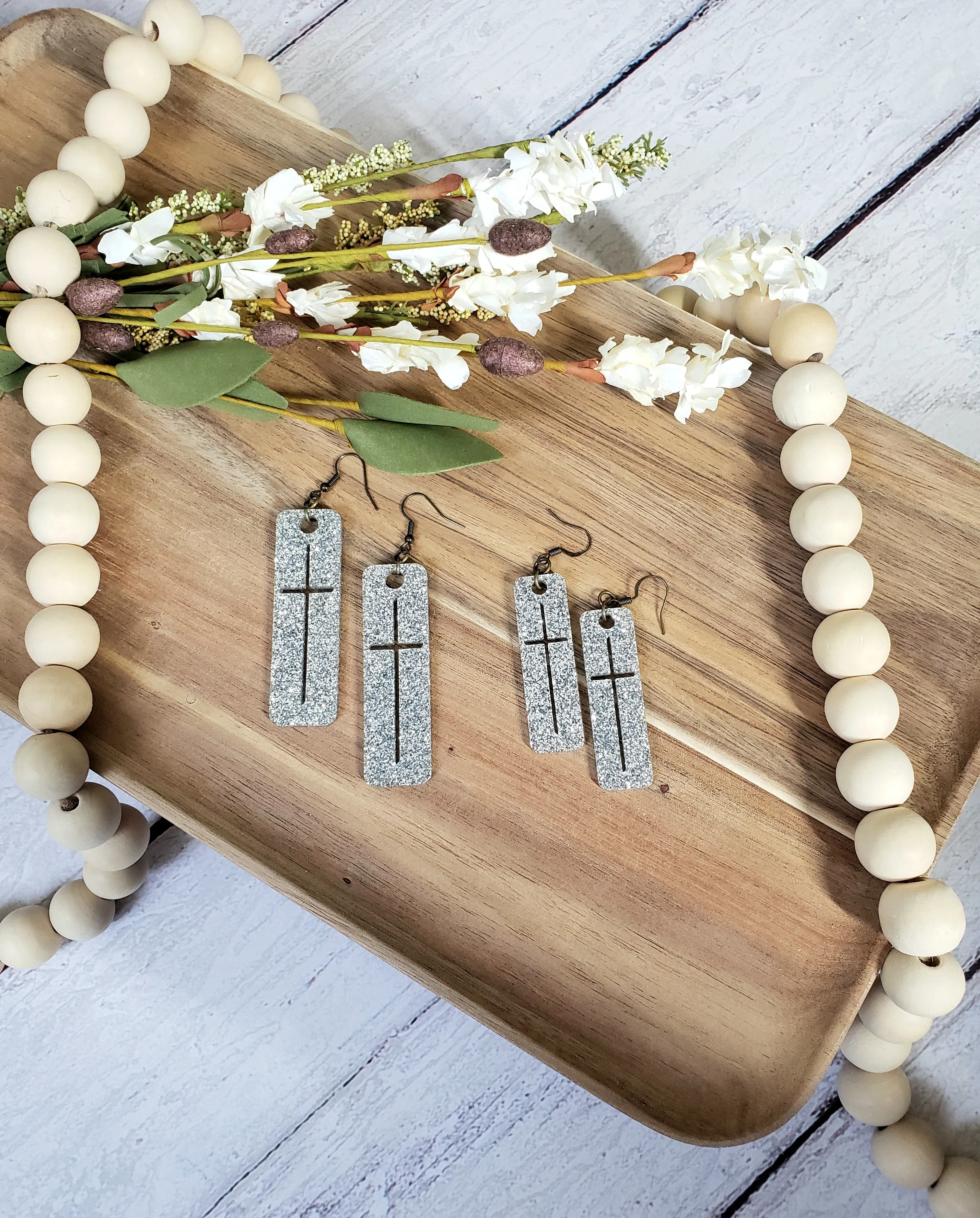 Silver Glitter Cross Earrings