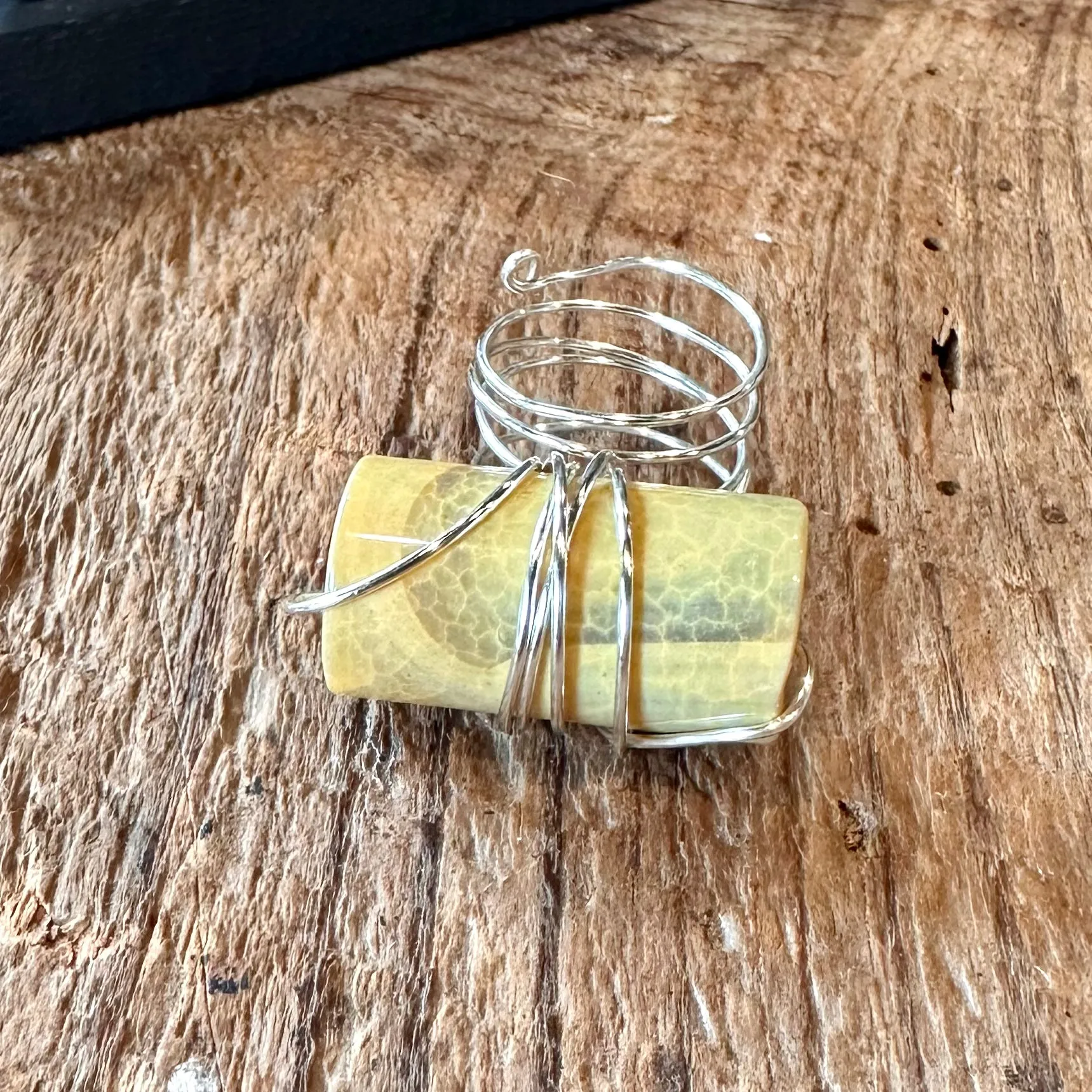 Silver Wire  Yellow Agate Adjustable Ring