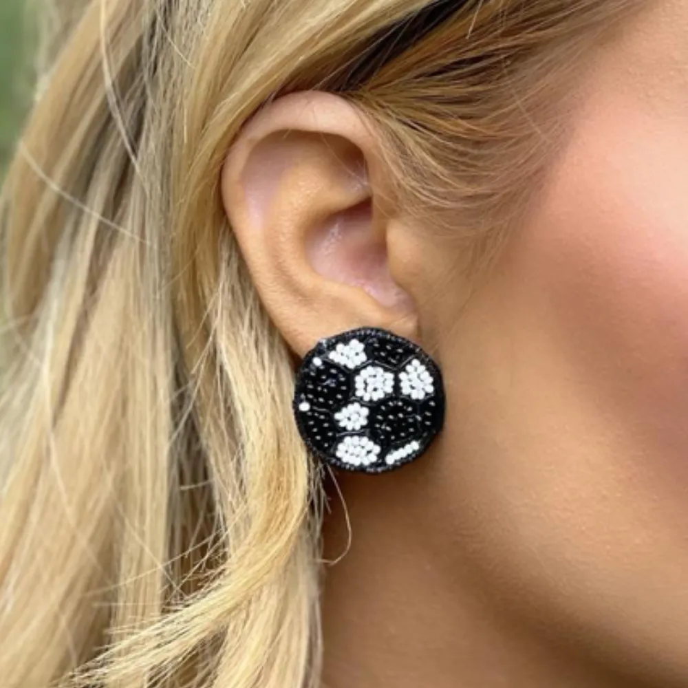SOCCER BALL BEADED STUD EARRINGS BLACK/WHITE