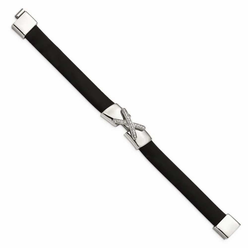 Stainless Steel Polished CZ Silicone Band Bracelet