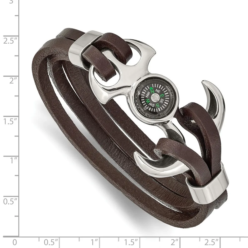Stainless Steel Polished Functional Compass Brown Leather 8.5in Bracelet