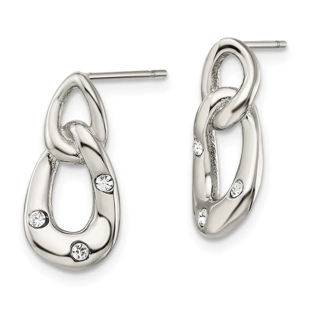 Stainless Steel Polished w/Crystal Two Loop Post Earrings