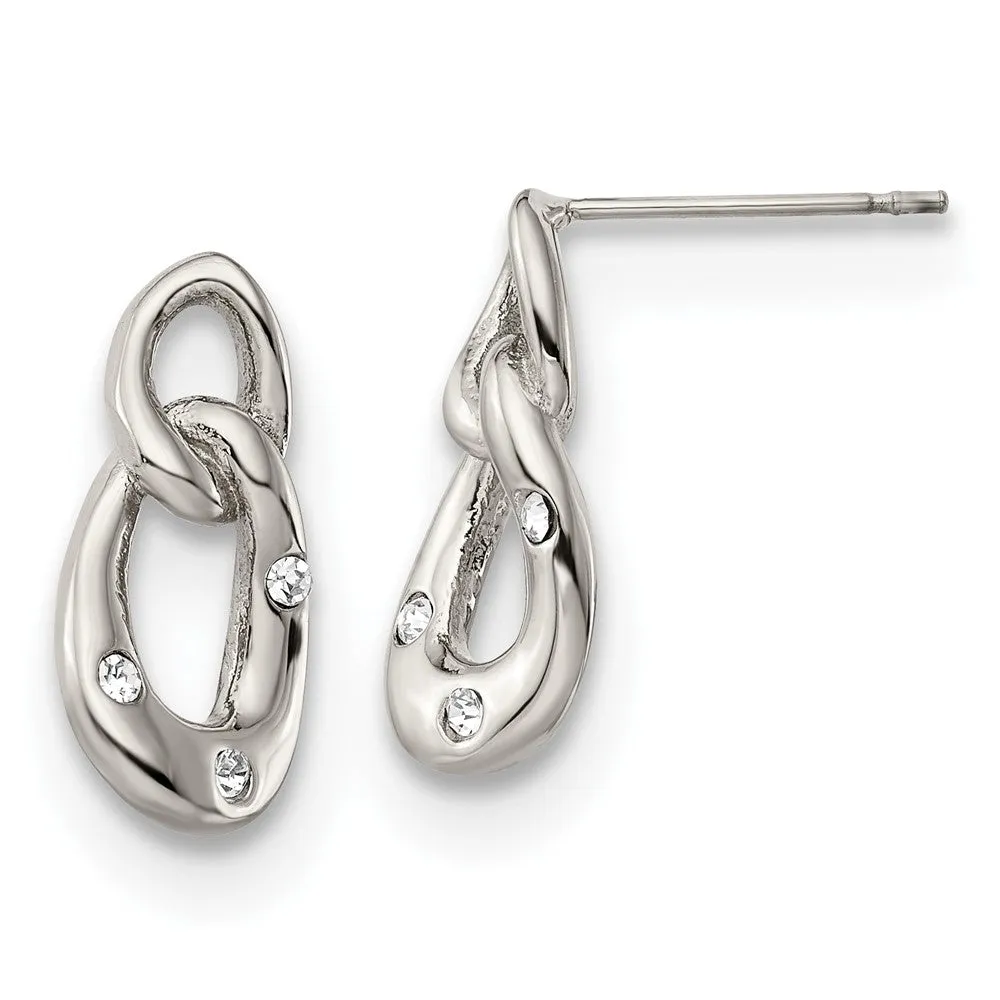Stainless Steel Polished w/Crystal Two Loop Post Earrings