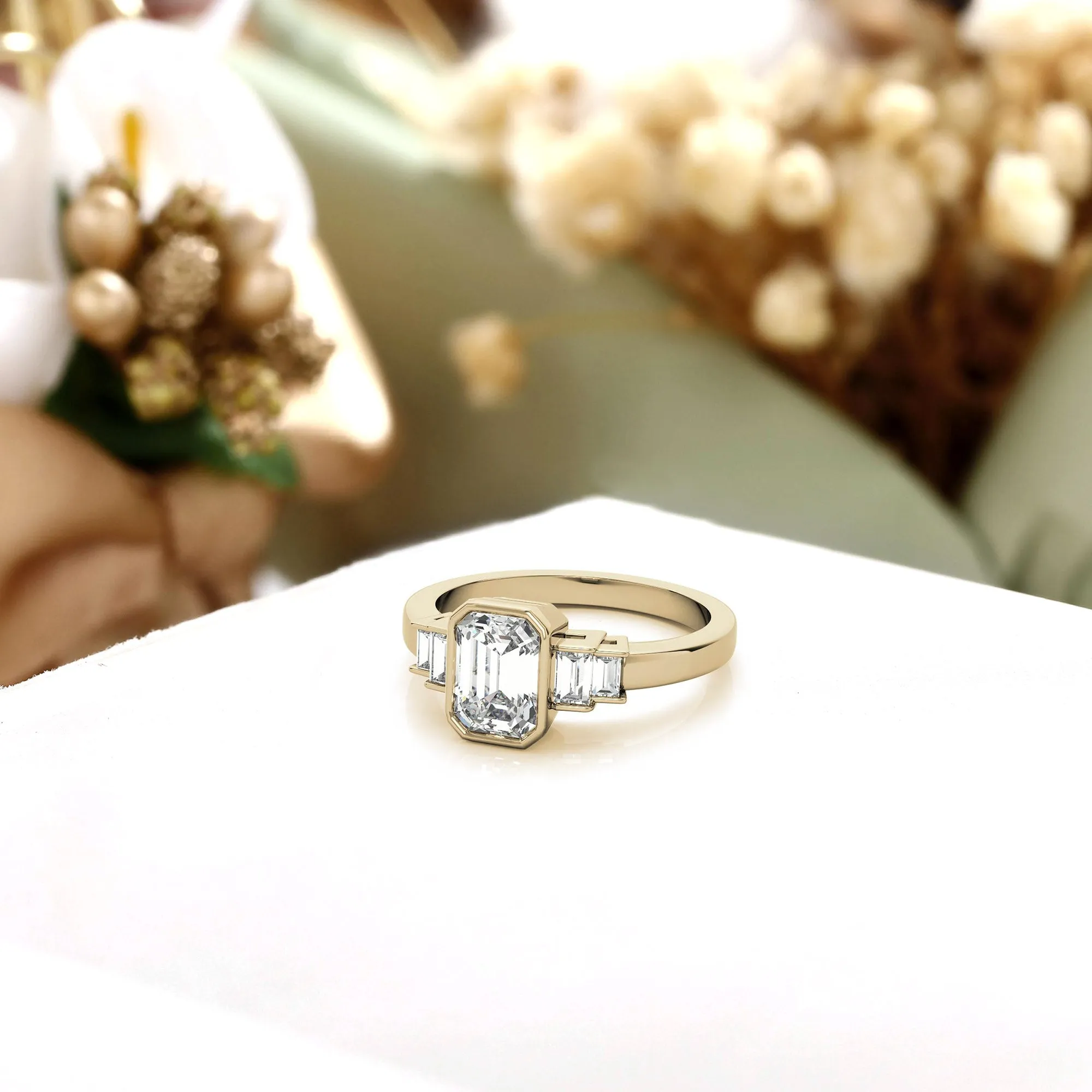 Sterling Silver Emerald-Cut Three-Stone Adjustable Engagement Yellow Gold Ring For Woman