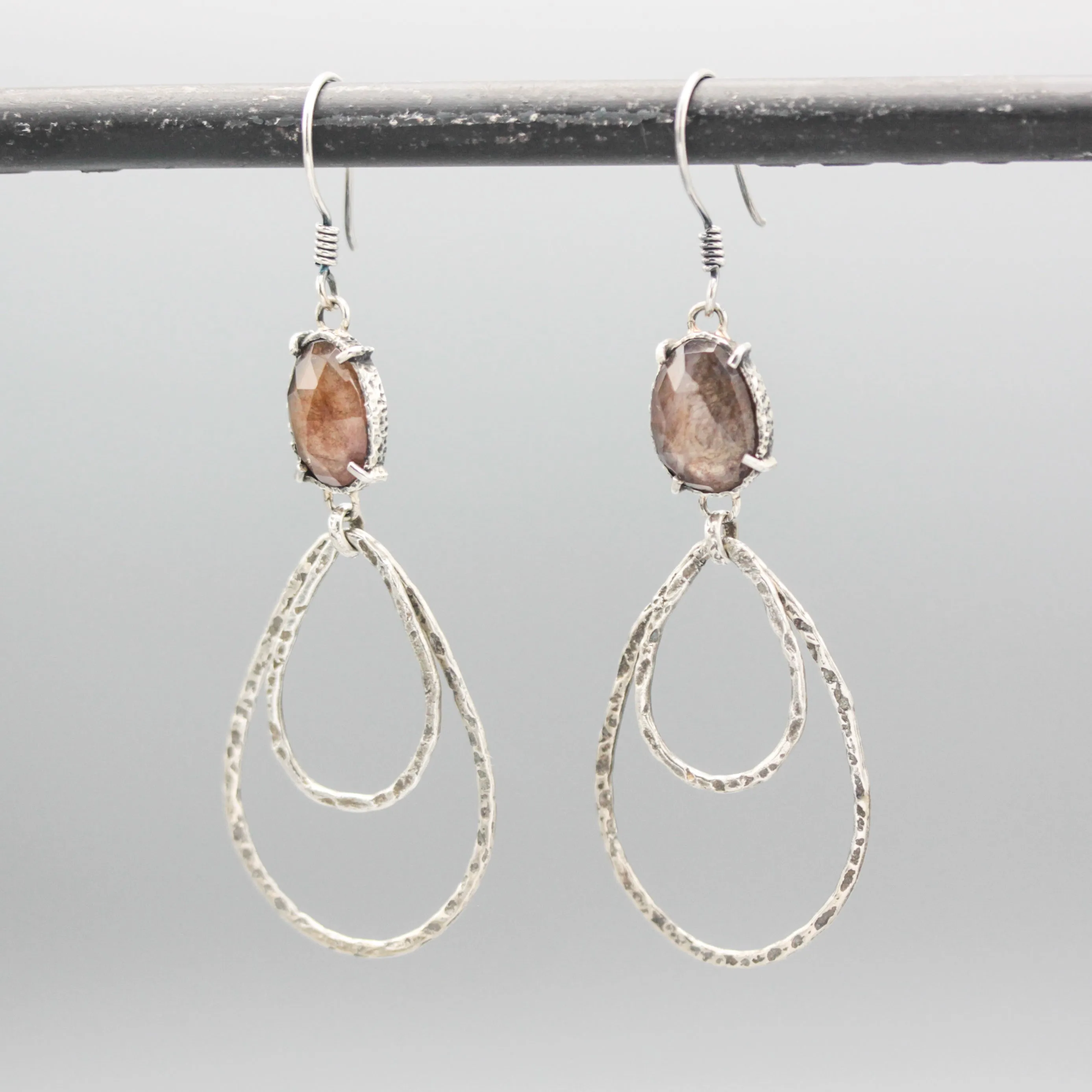 Teardrop Moss agate earrings with silver double teardrop loop on oxidized sterling silver hooks